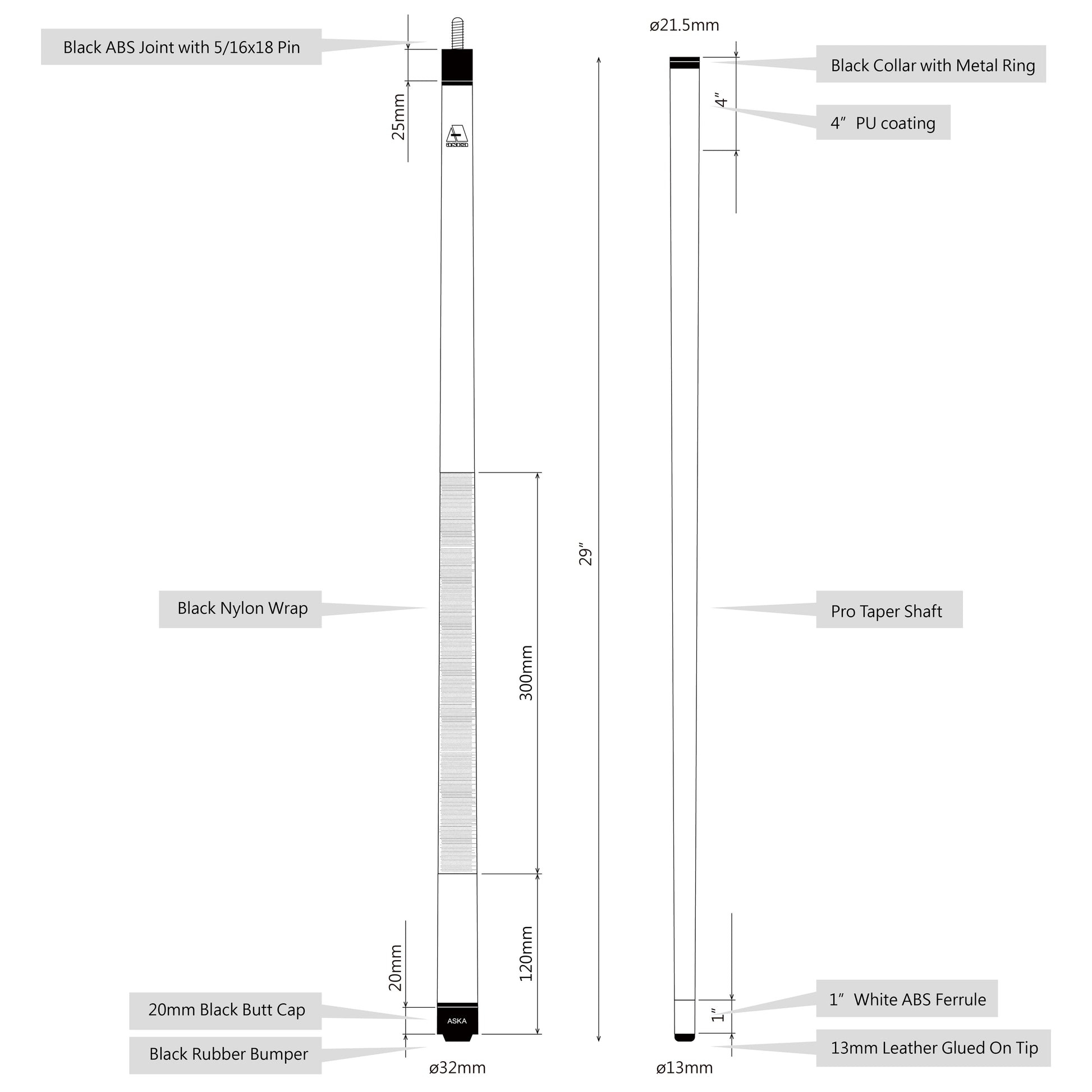 Diagram illustrating pool cue dimensions and components.