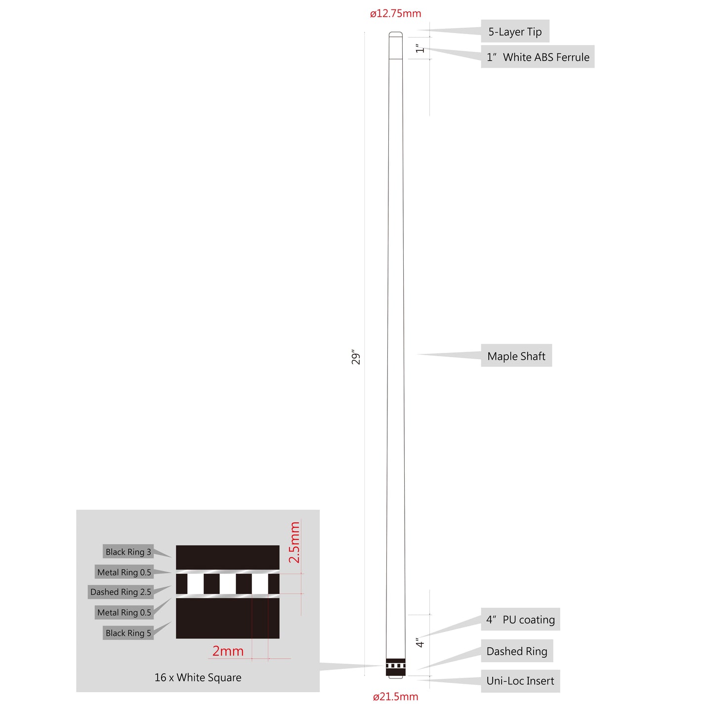 Infographic detailing cue shaft specifications and dimensions.