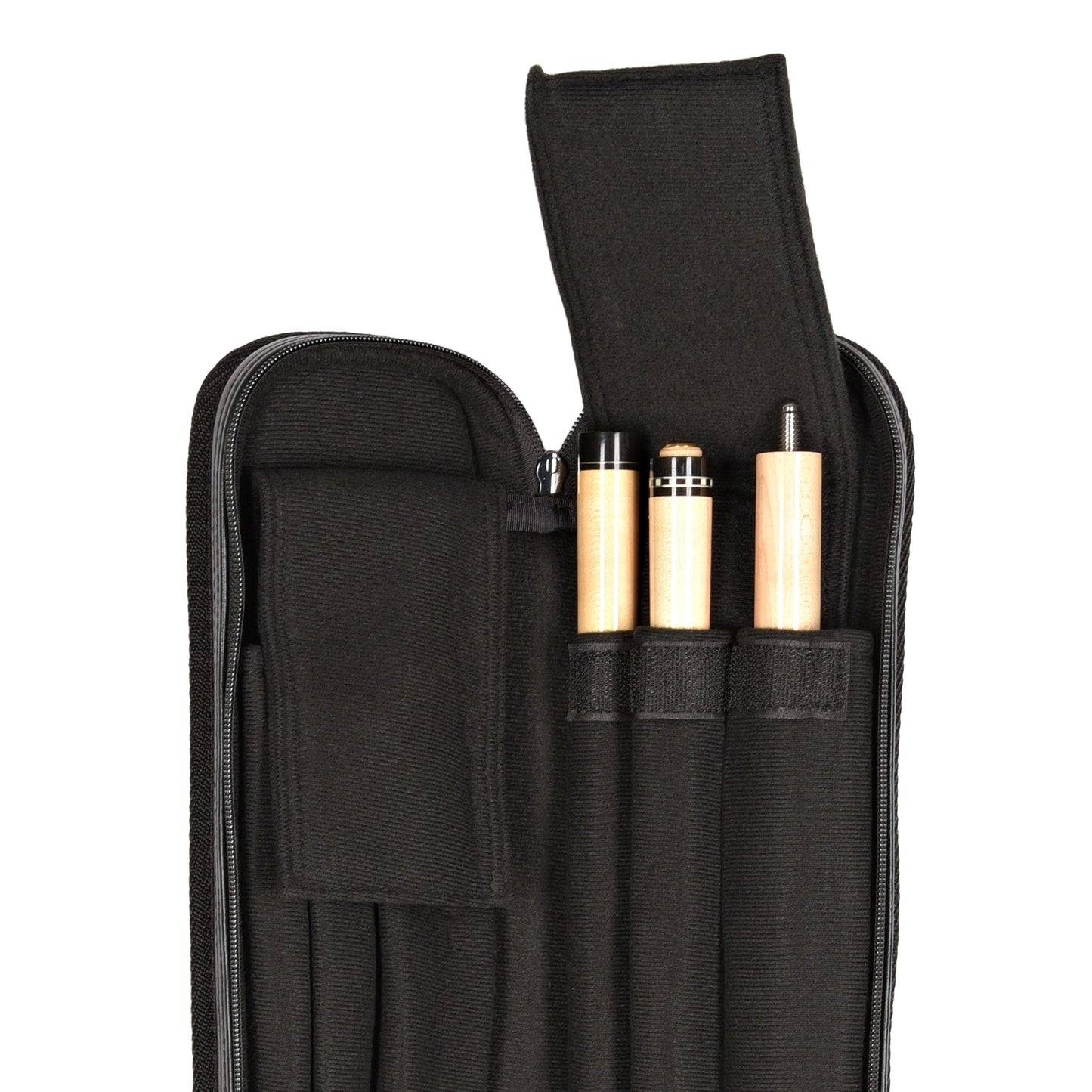 Close-up of cue shafts and butts stored in the billiard case.