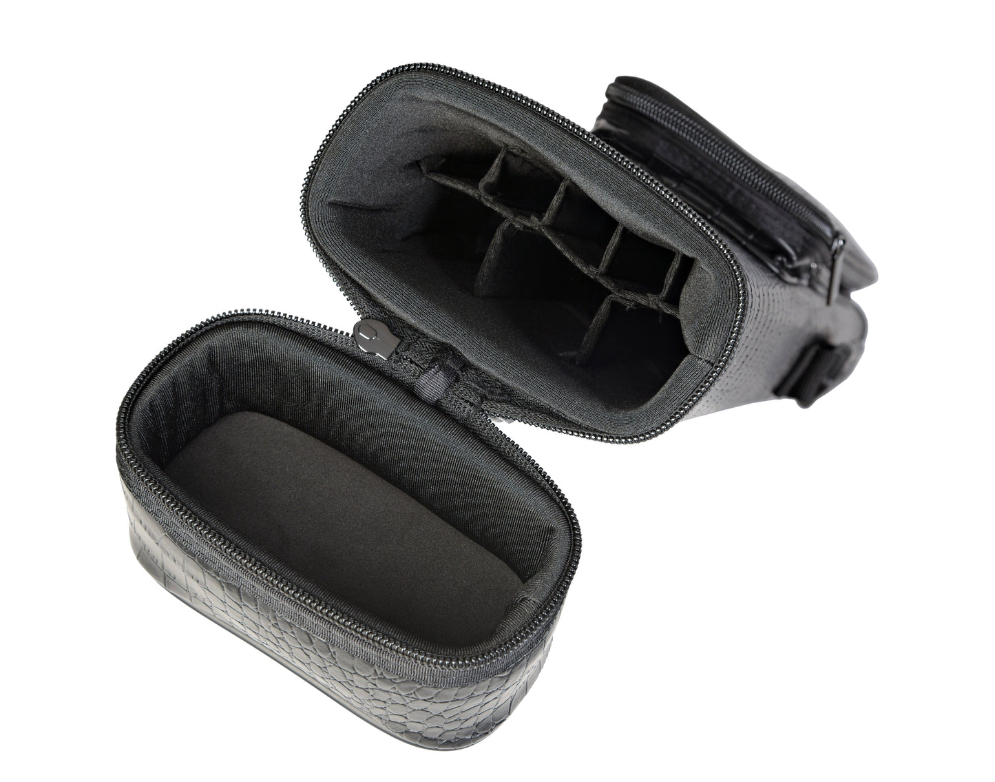 Open interior view of the smaller compartment showing padded base of the cue case.