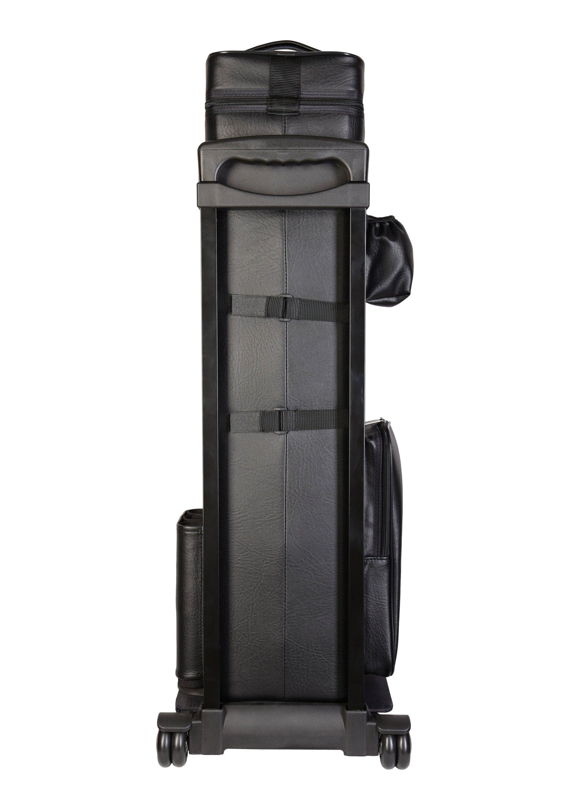 Angled view of the pool cue case, highlighting carrying handle and straps.