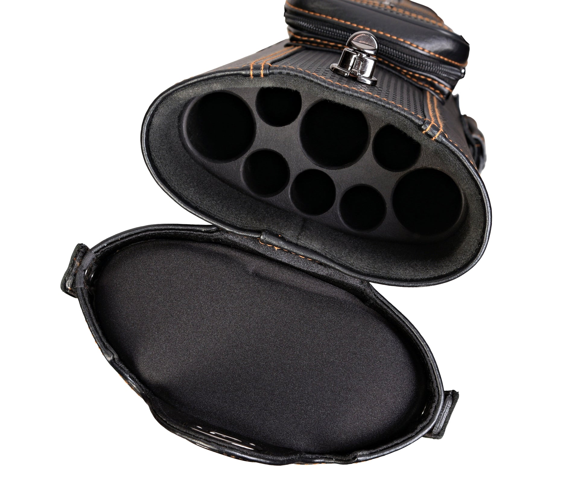 Open interior view of the cue case with compartments for cues.