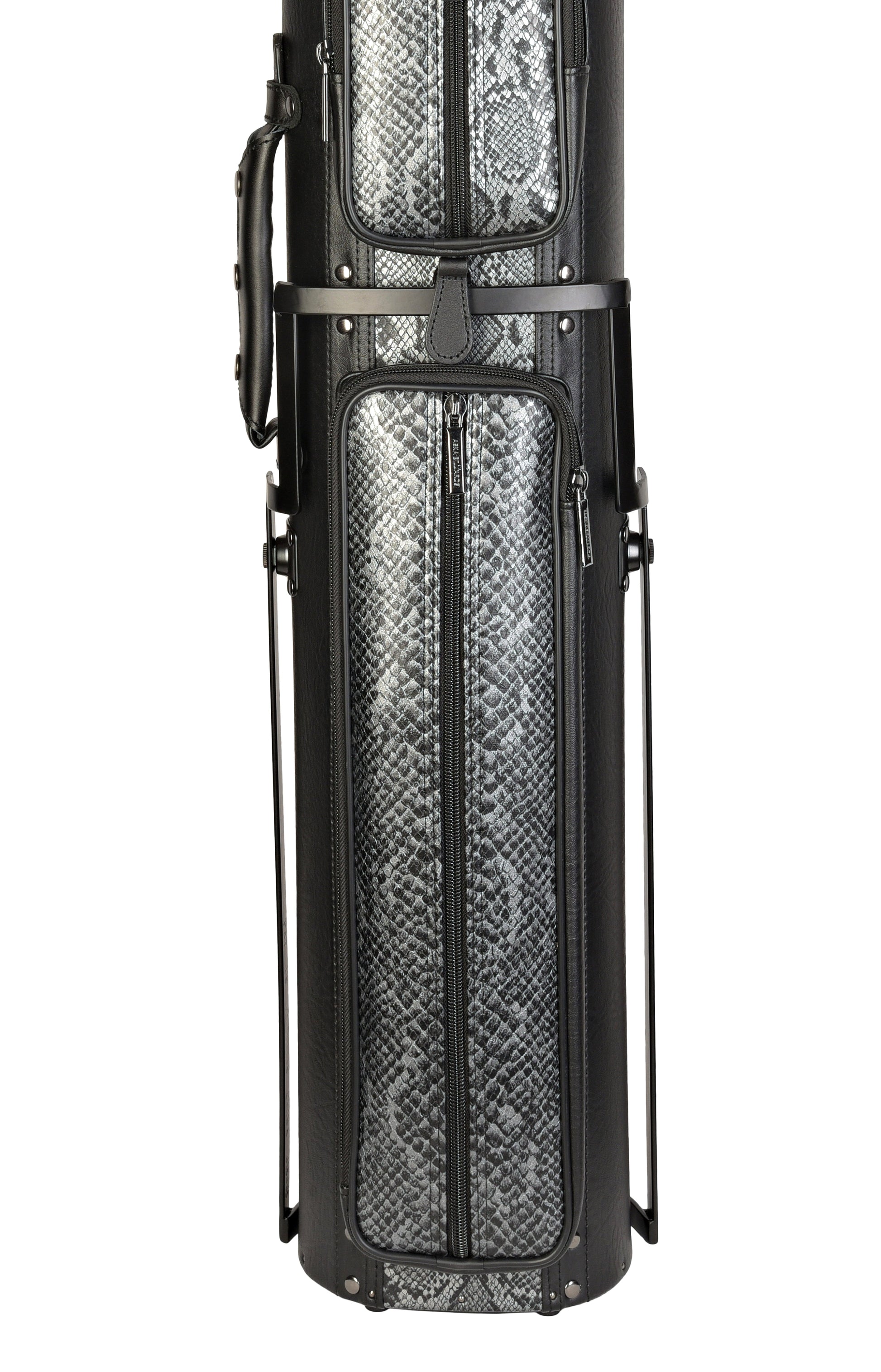 Detailed view of the zippered pockets on the billiard cue case.