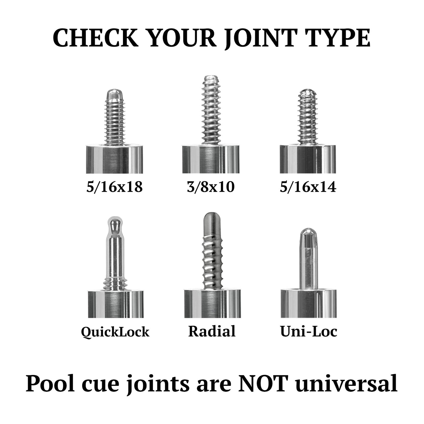 Text graphic comparing different billiard cue joint types for compatibility.