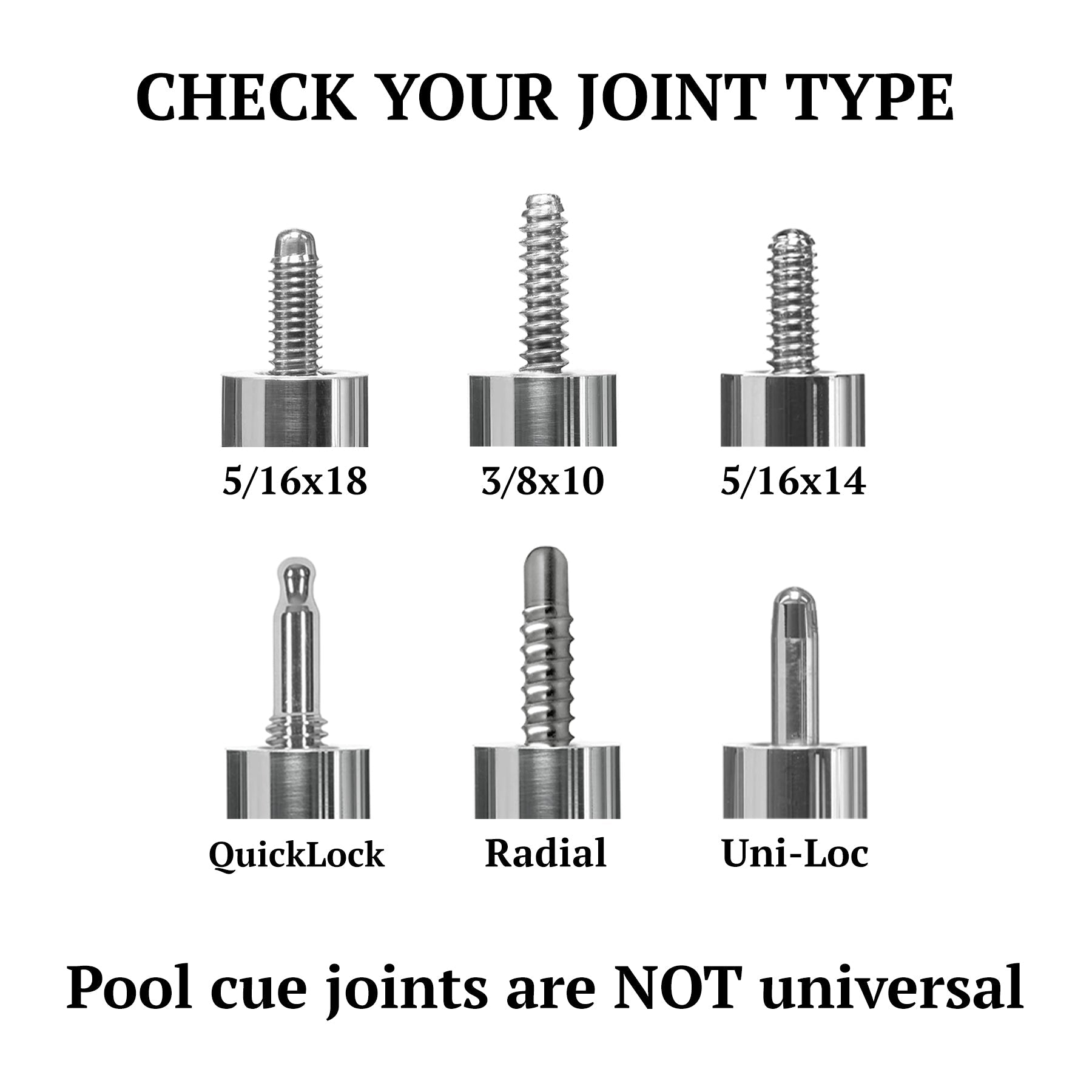 Text graphic comparing different billiard cue joint types for compatibility.