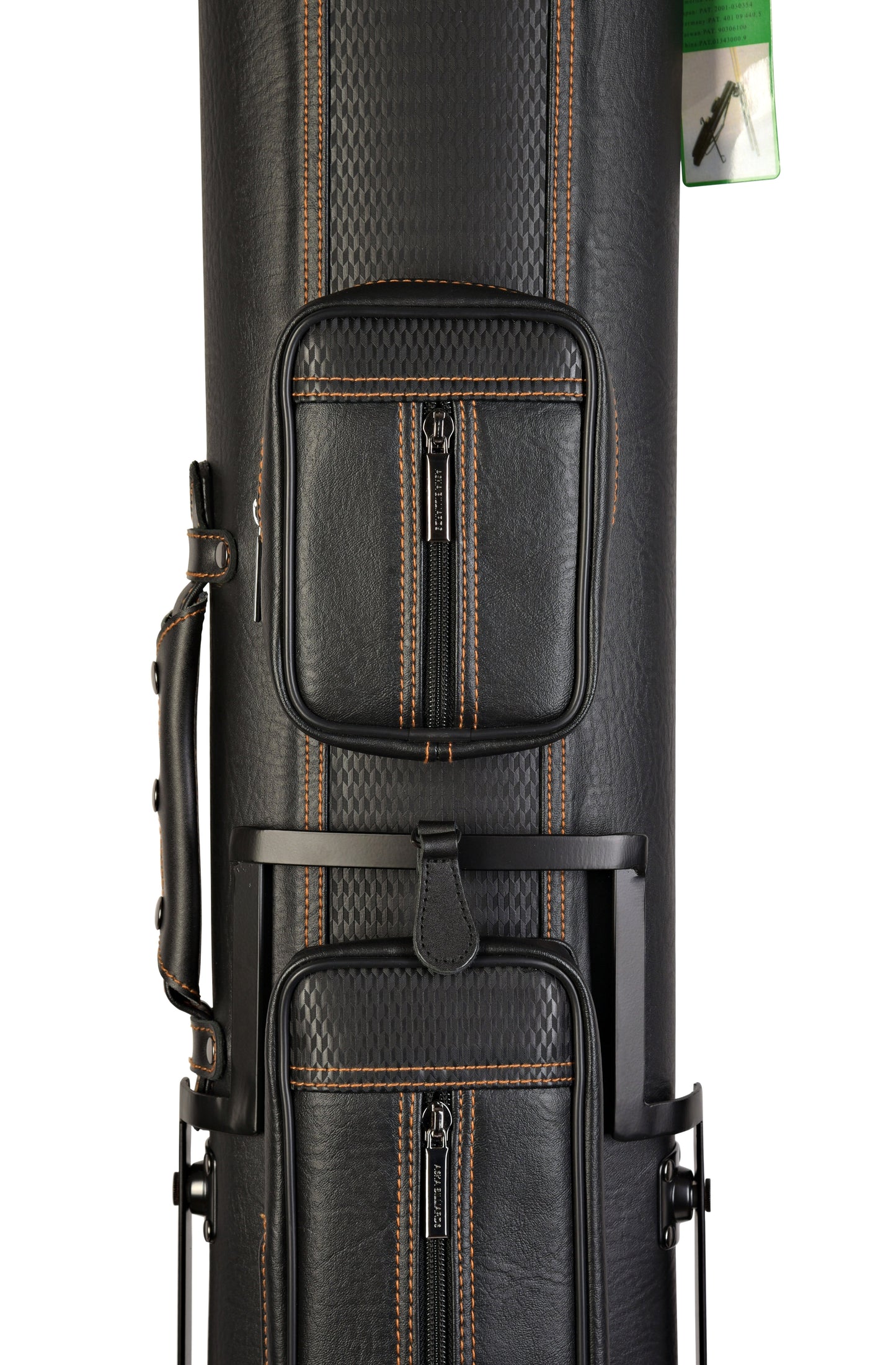 Detail of the upper pockets and stitching on the cue case.