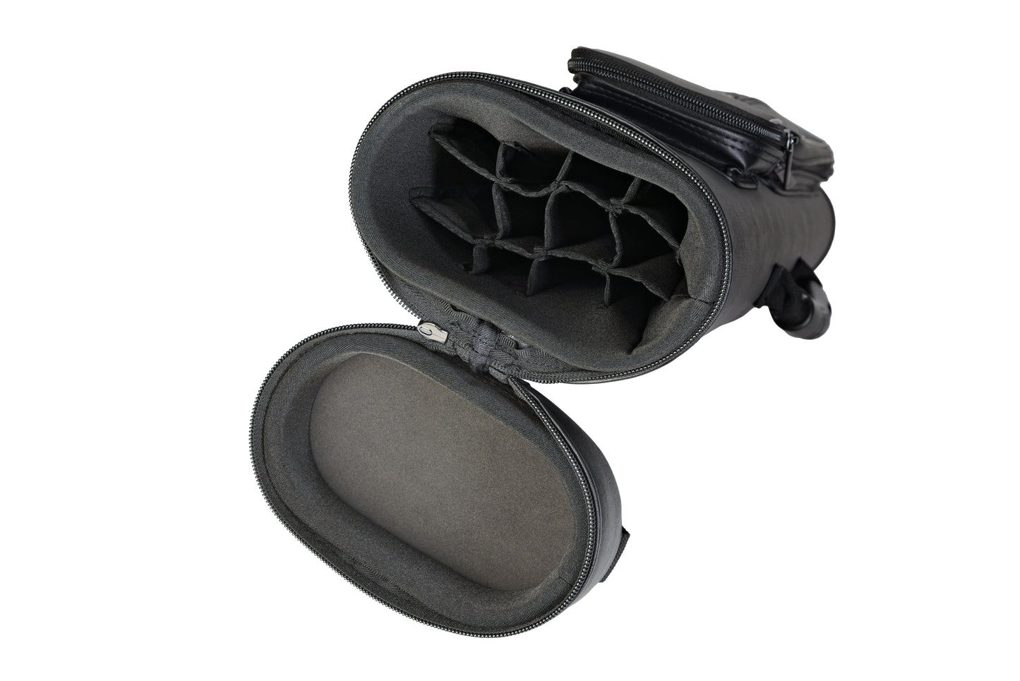 Open interior view of the cue case's divided compartments.