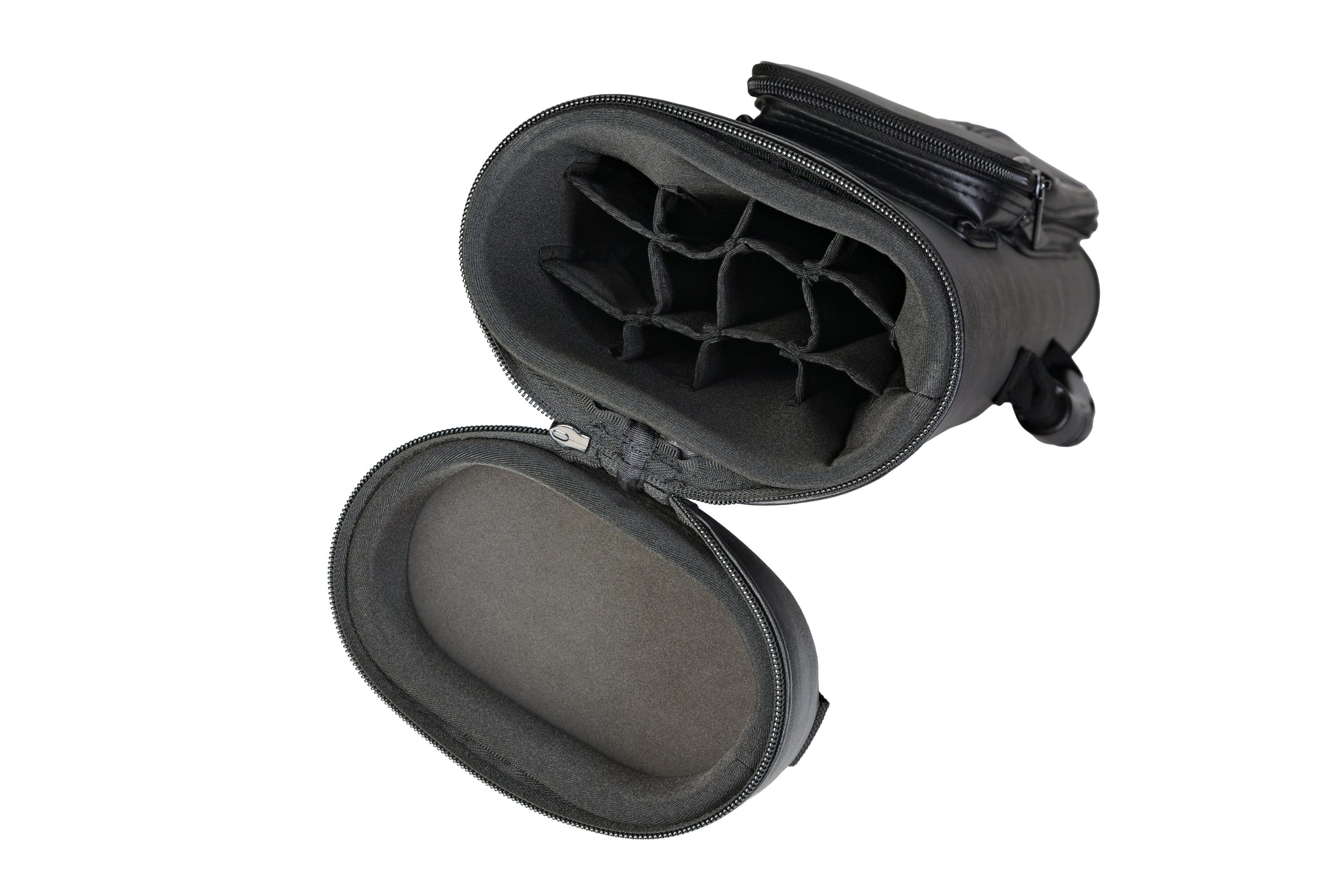 Open interior view of the cue case's divided compartments.