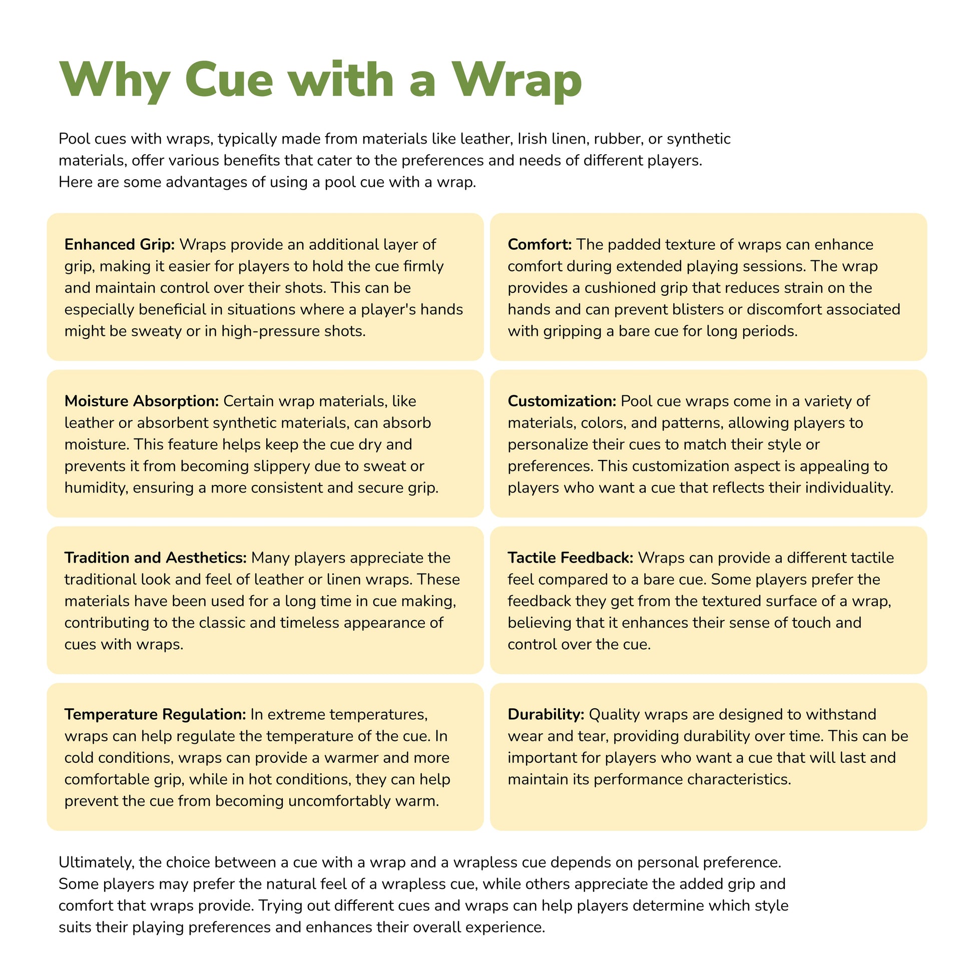 Infographic explaining the benefits of using a wrapped cue stick.