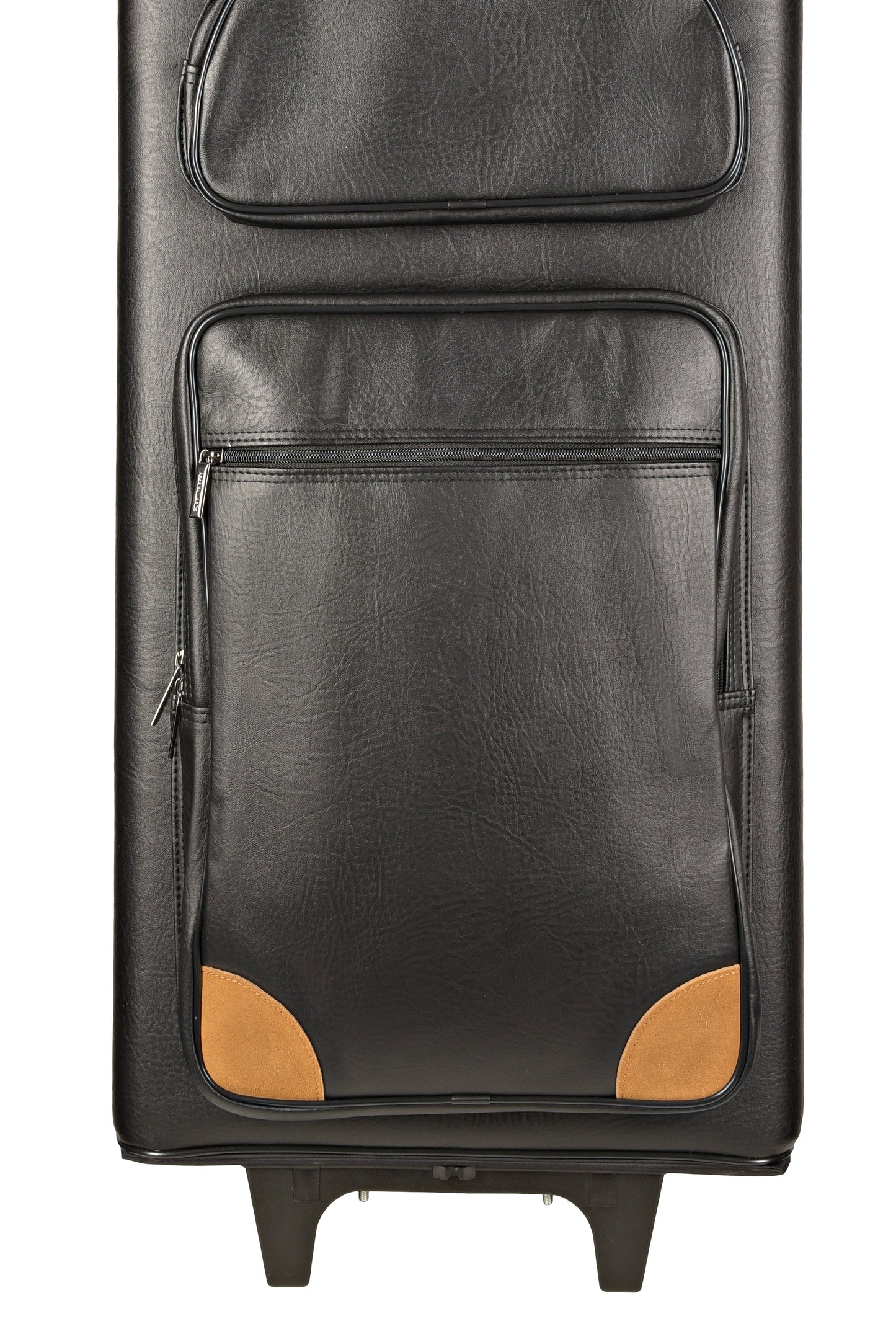 Lower front detail of cue case showing protective tan corner accents.