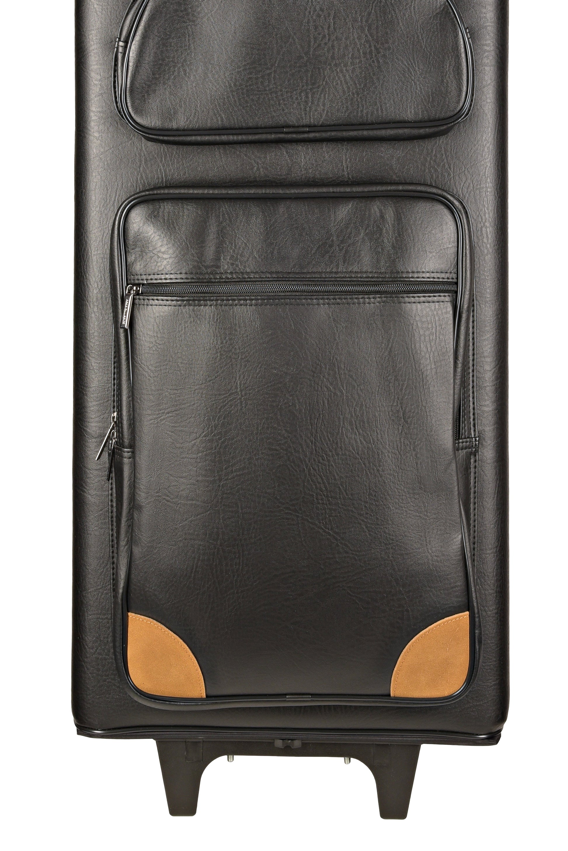 Lower front detail of cue case showing protective tan corner accents.