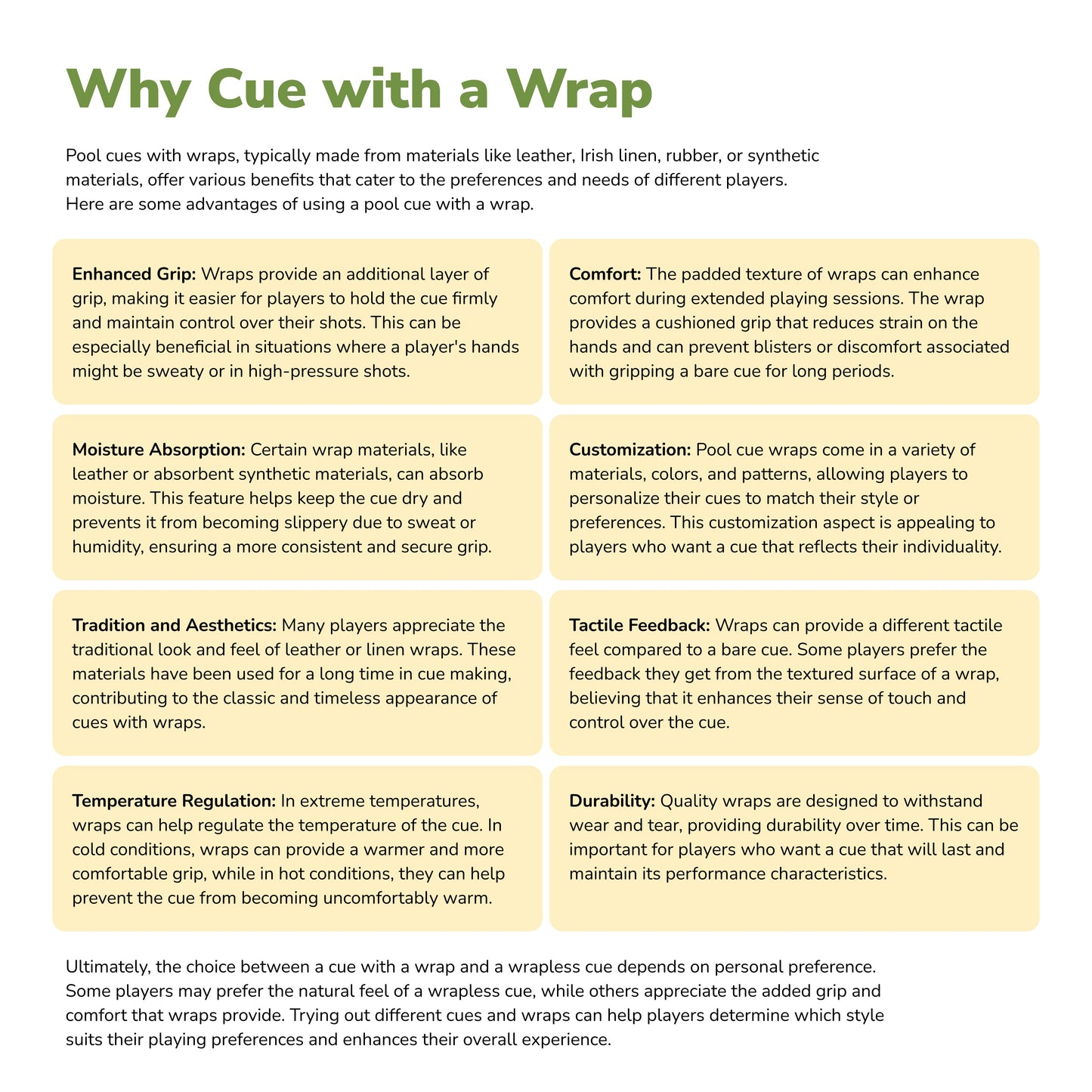 Infographic explaining the benefits of cue wraps.