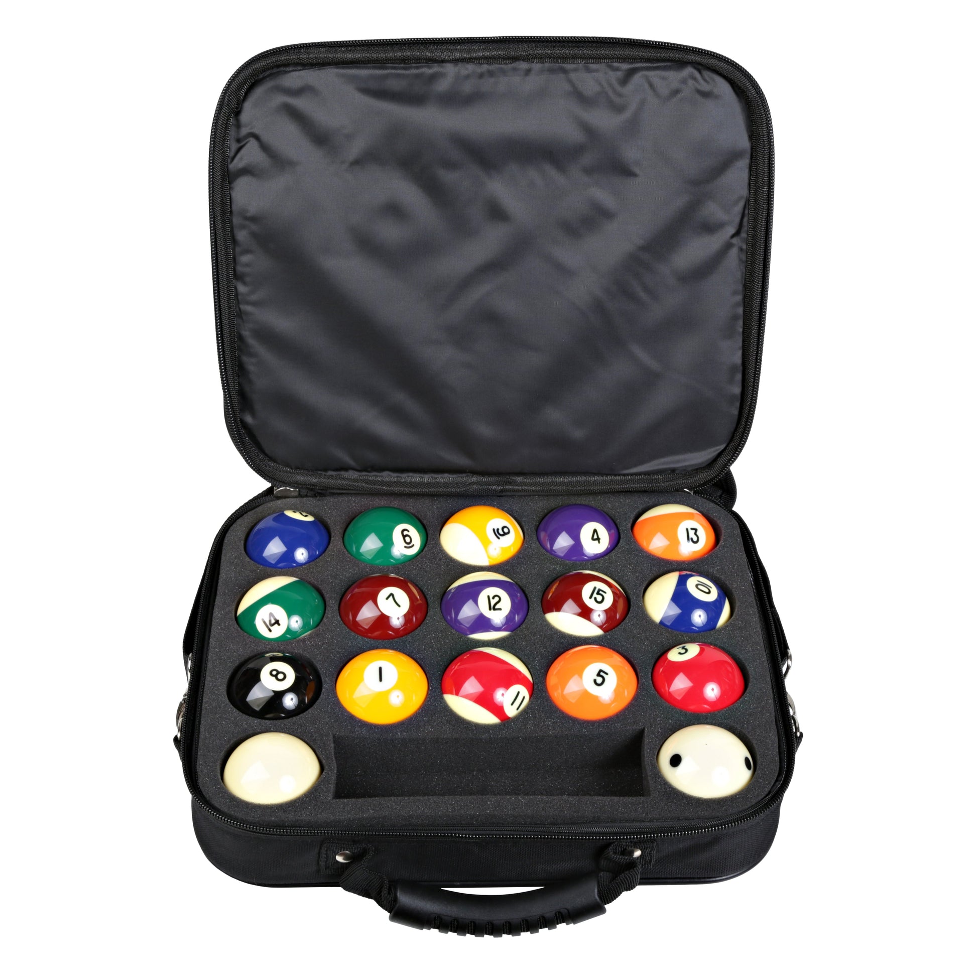 Case loaded with a full set of billiard balls and two cue balls.