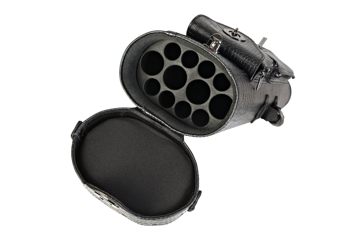 Open interior view of the Hard 4x8 Pool Cue Case revealing individual cue shaft