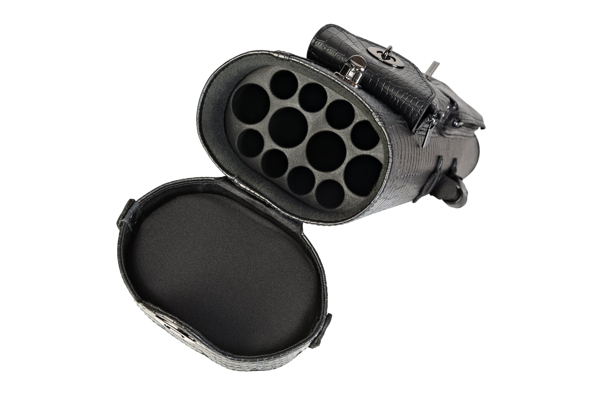 Open interior view of the Hard 4x8 Pool Cue Case revealing individual cue shaft