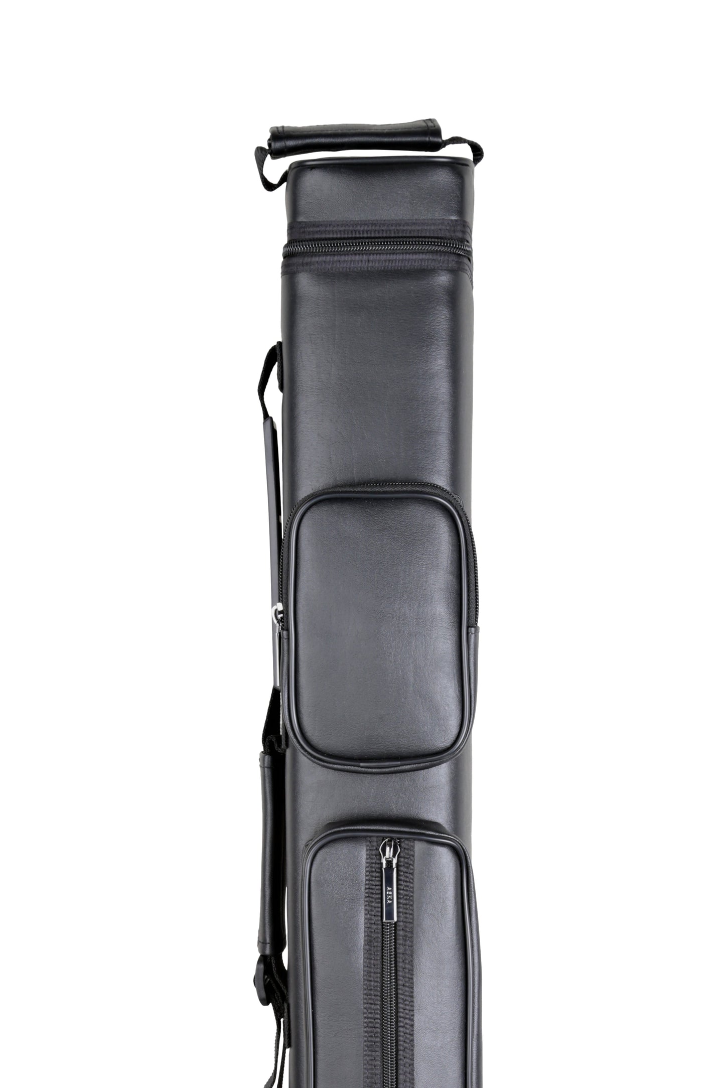 Close-up of the top section of the black pool cue case.