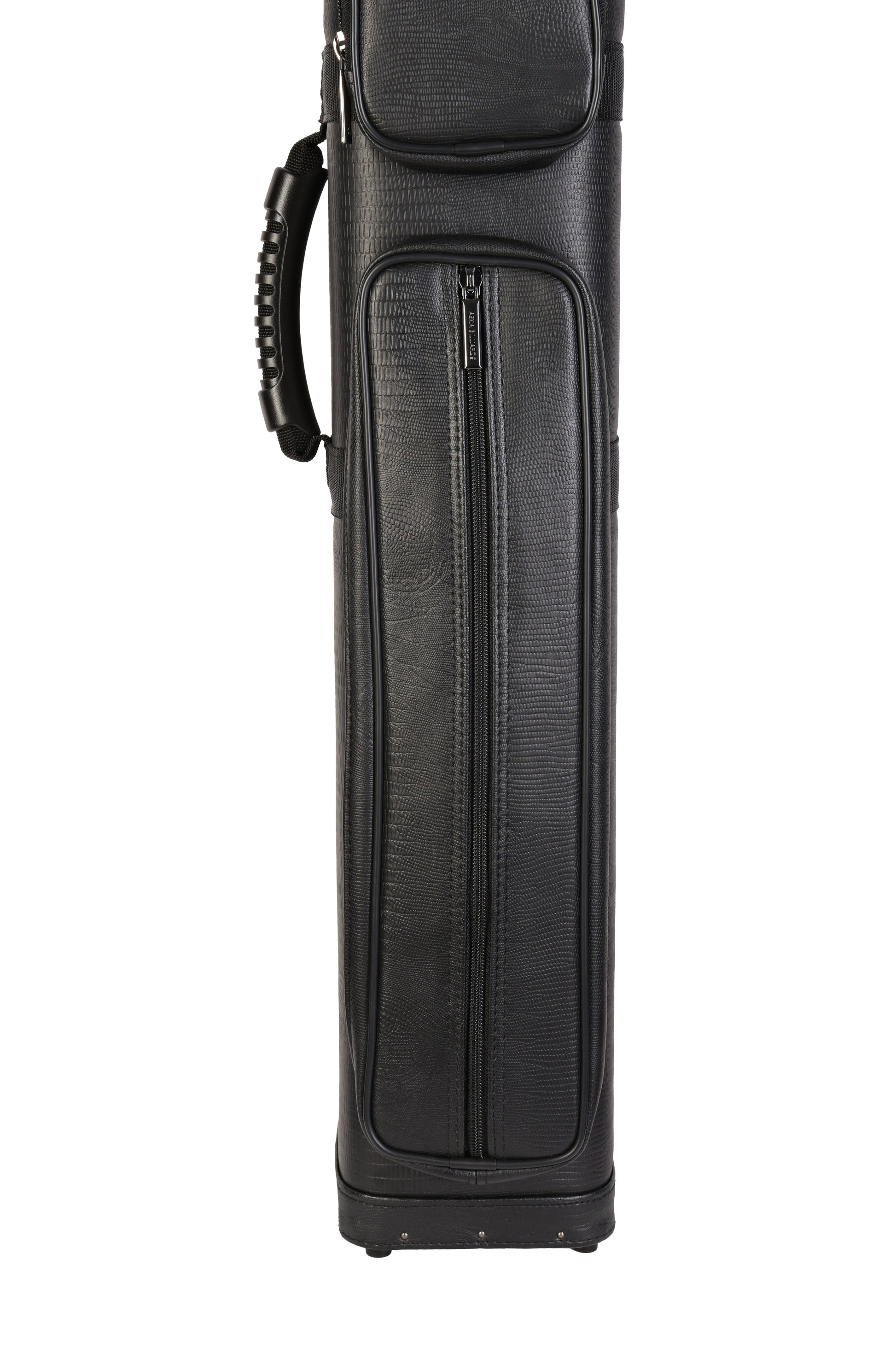 Full view of the black cue case showing lower storage compartment
