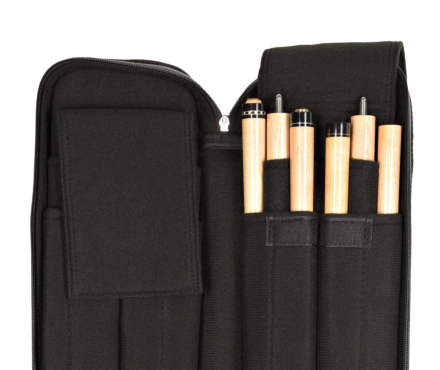 Close-up of cue shafts with tips and ferrules stored in the cue case.