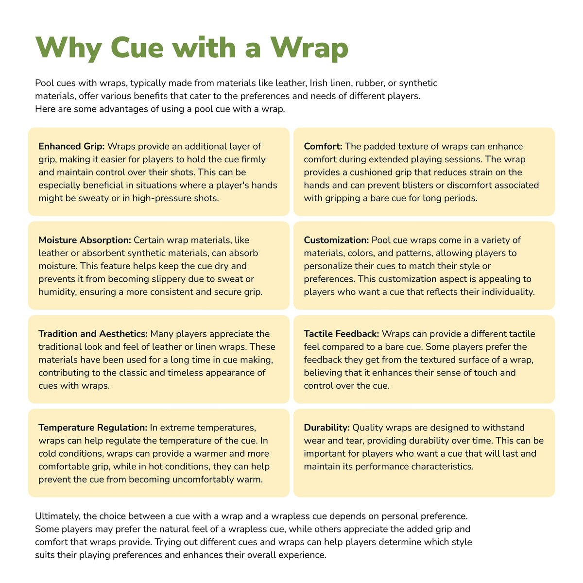 Infographic explaining the benefits of cue wraps.