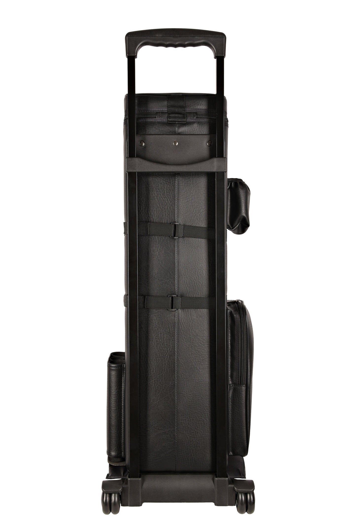 rear angle view of cue case with extended handle and wheels