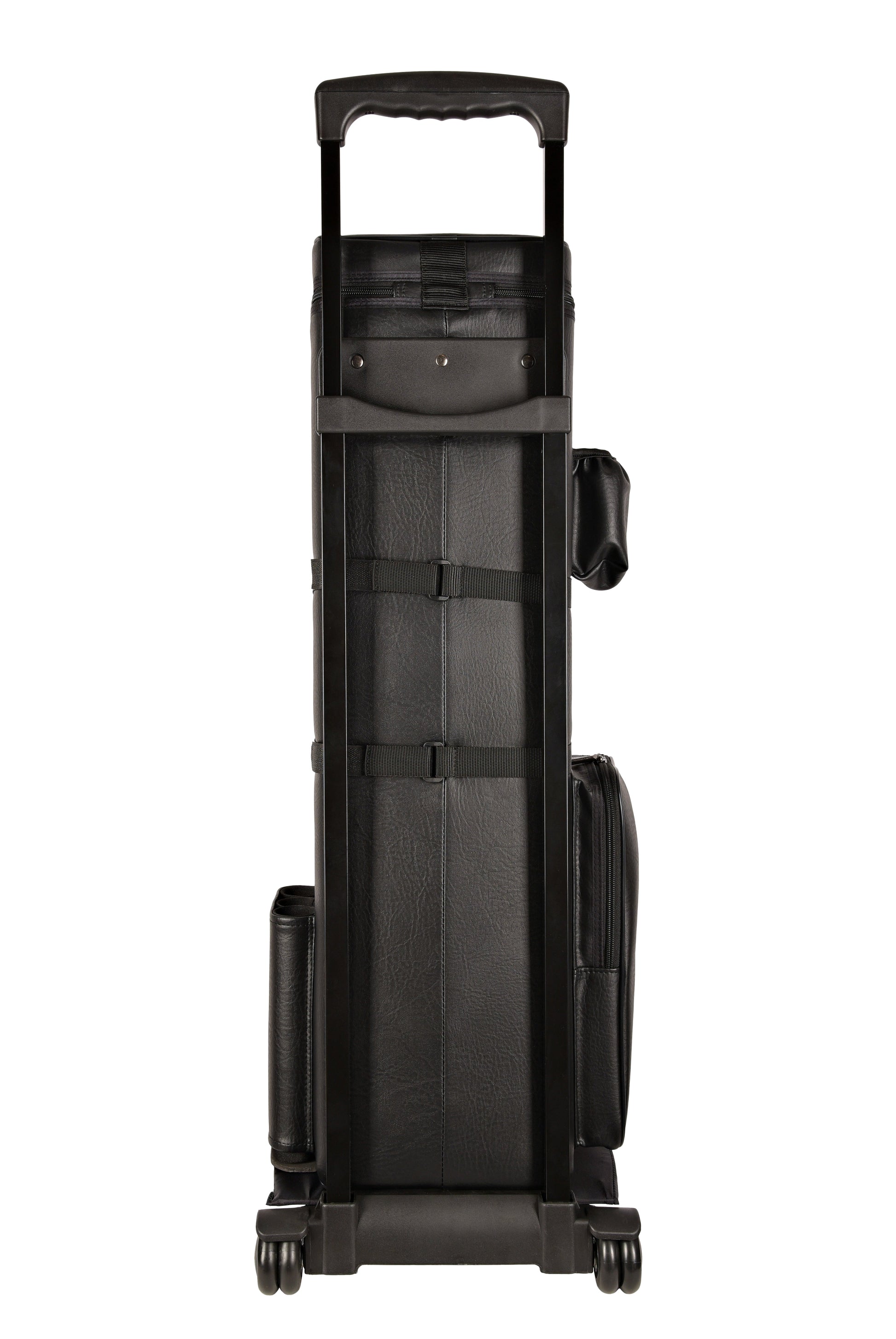 rear angle view of cue case with extended handle and wheels