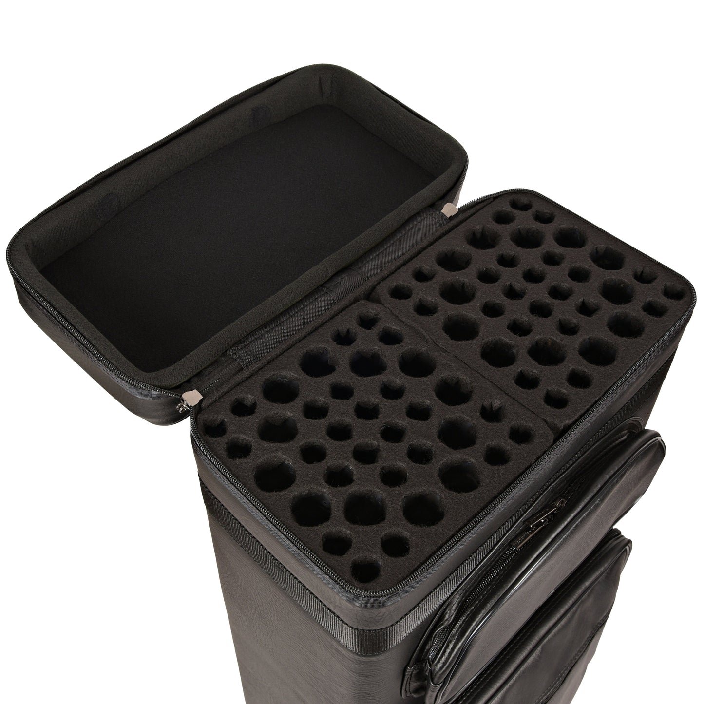 Interior view of open cue case showing butt and shaft compartments.