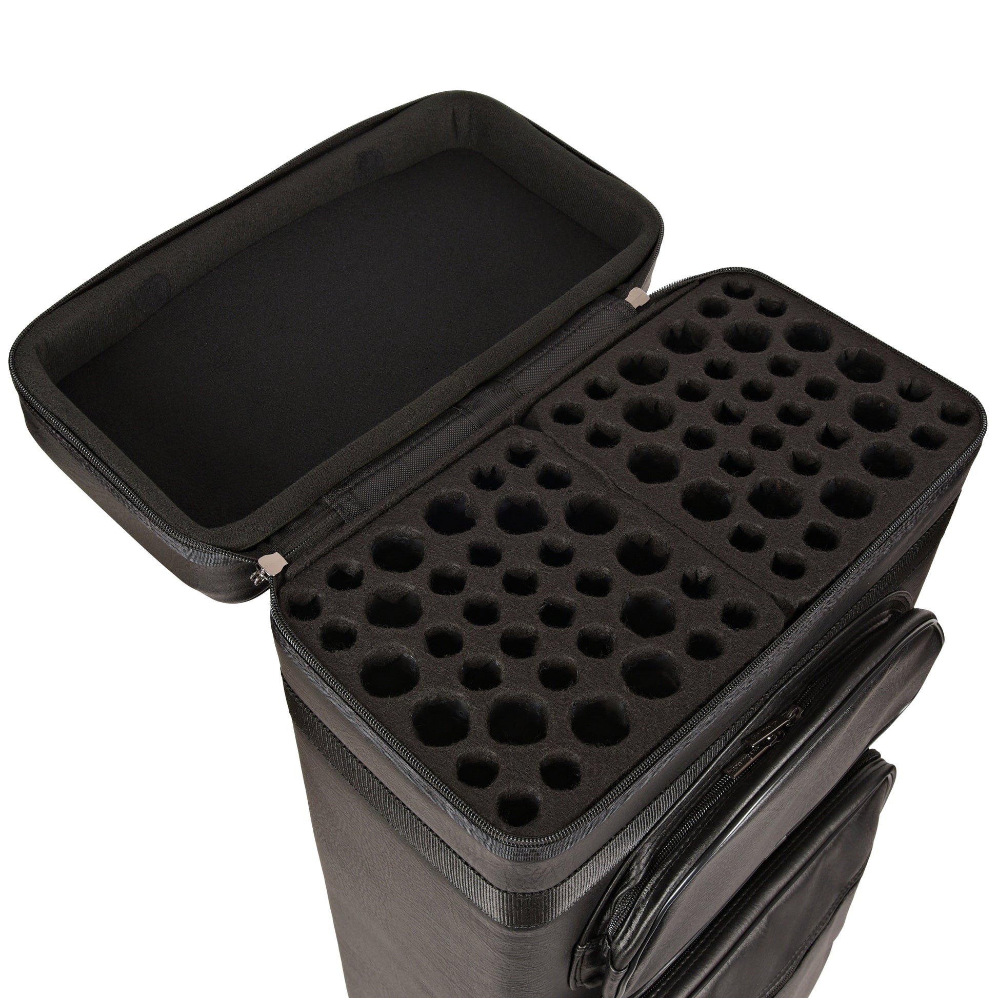 Interior view of open cue case showing butt and shaft compartments.