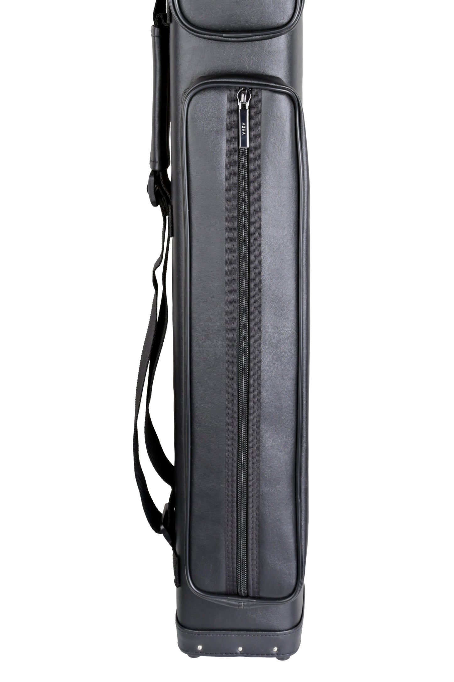 Detailed view of the zippered pocket on the side of the cue case.