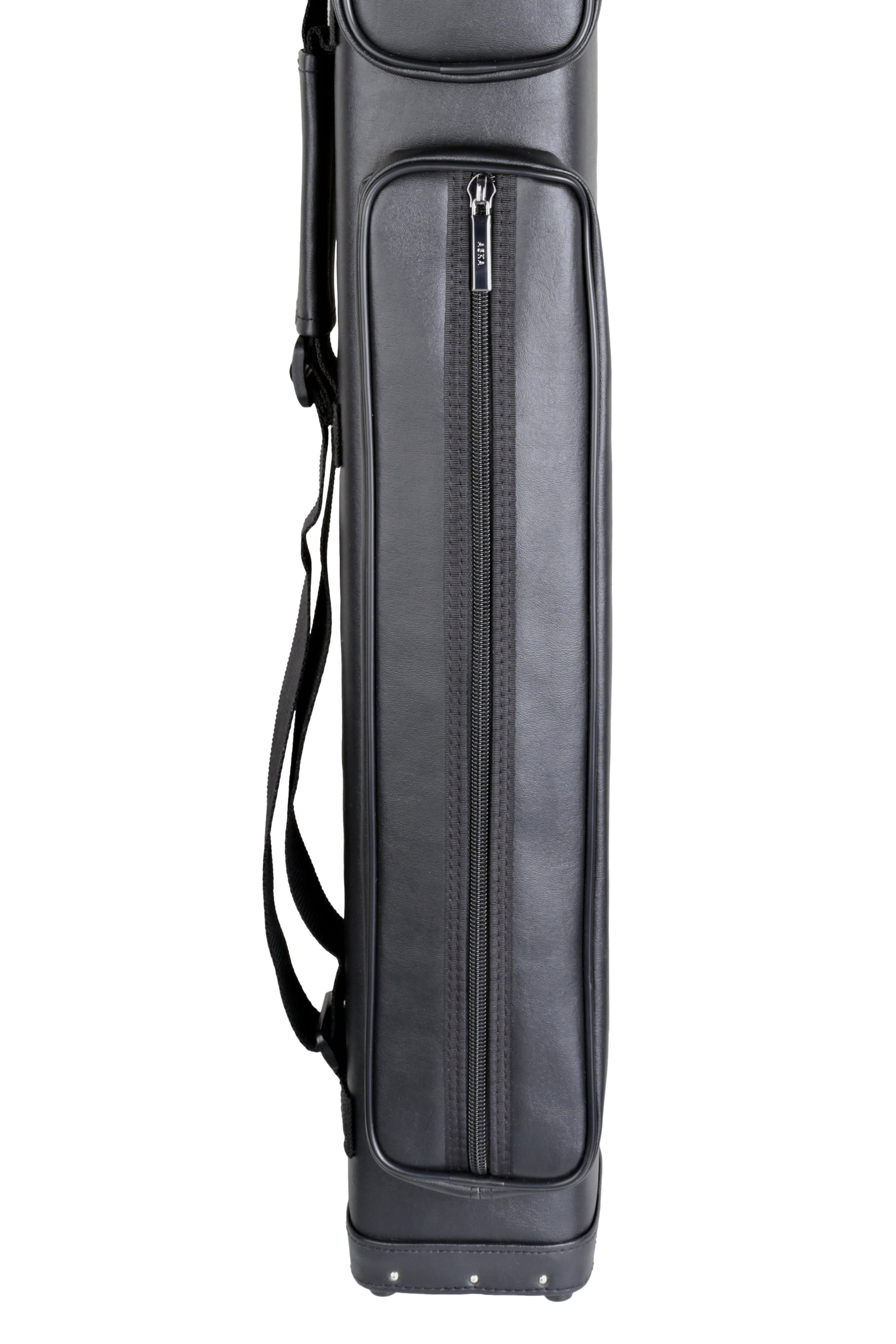 Detailed view of the zippered pocket on the side of the cue case.