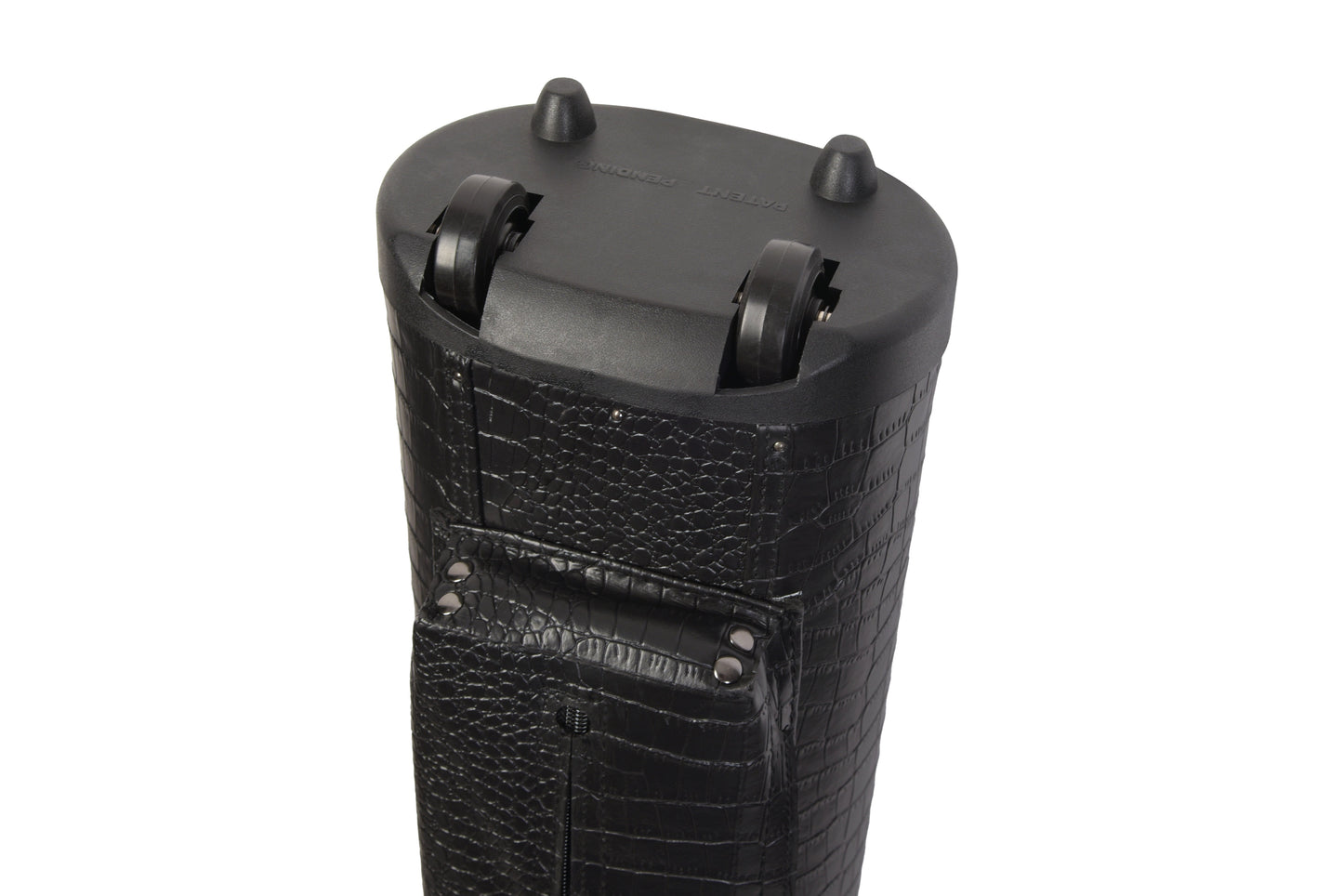 Bottom detail of the cue case showing the wheels and protective feet.