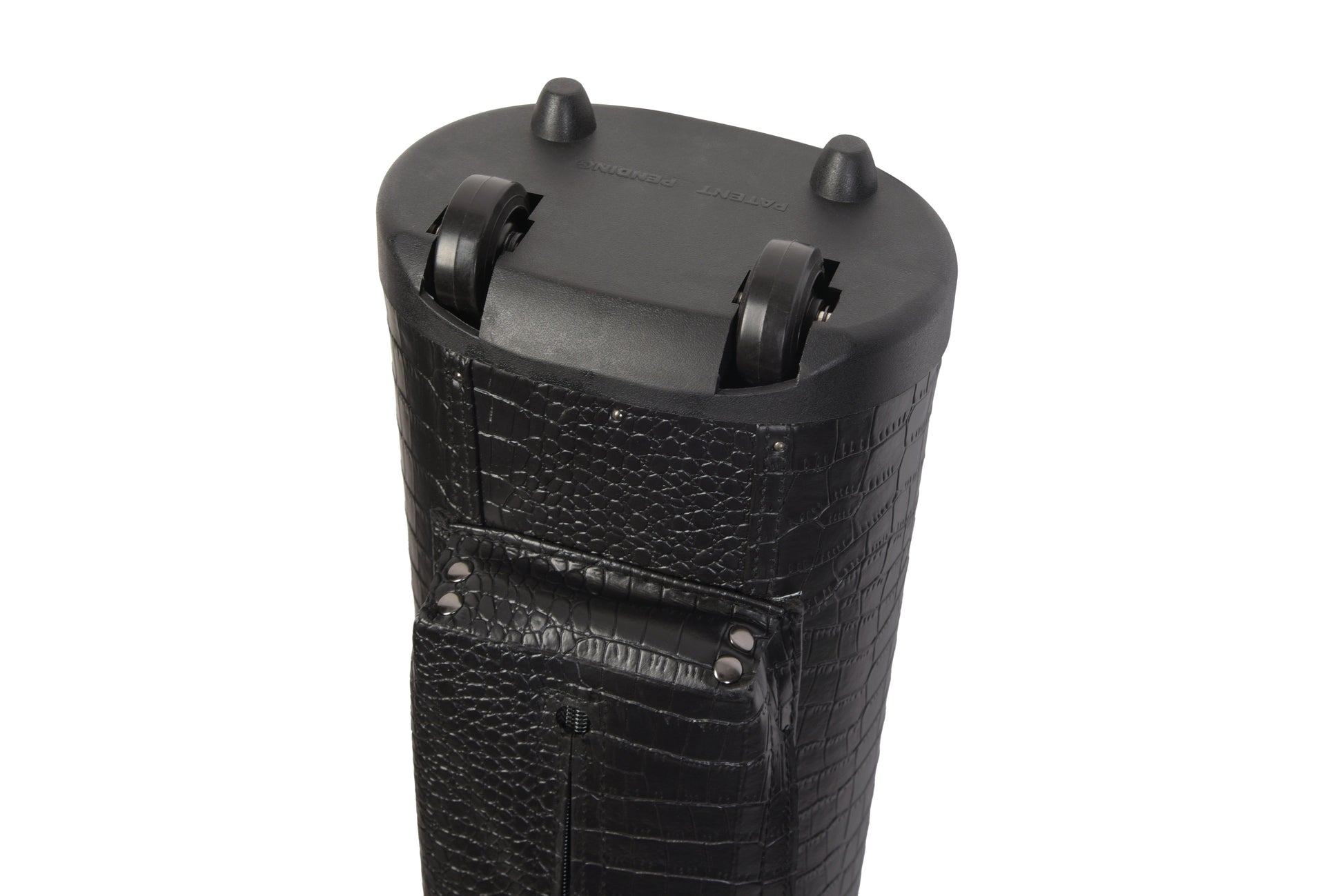 Bottom detail of the cue case showing the wheels and protective feet.