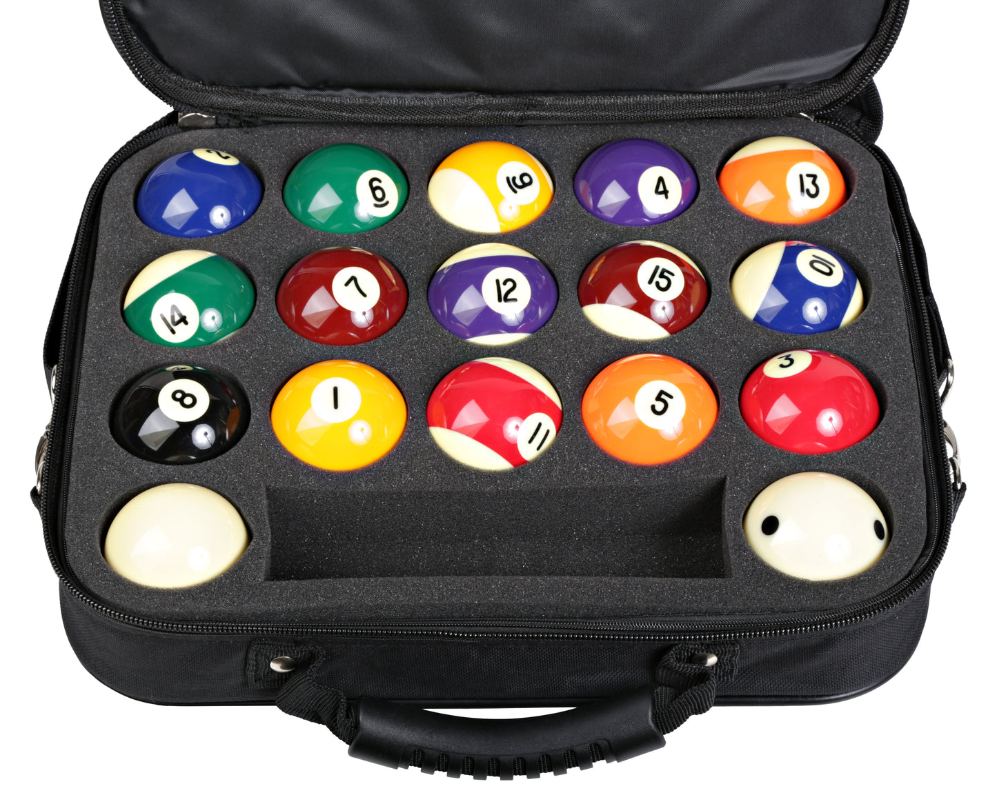 Overhead view of billiard balls nestled in the case's foam.