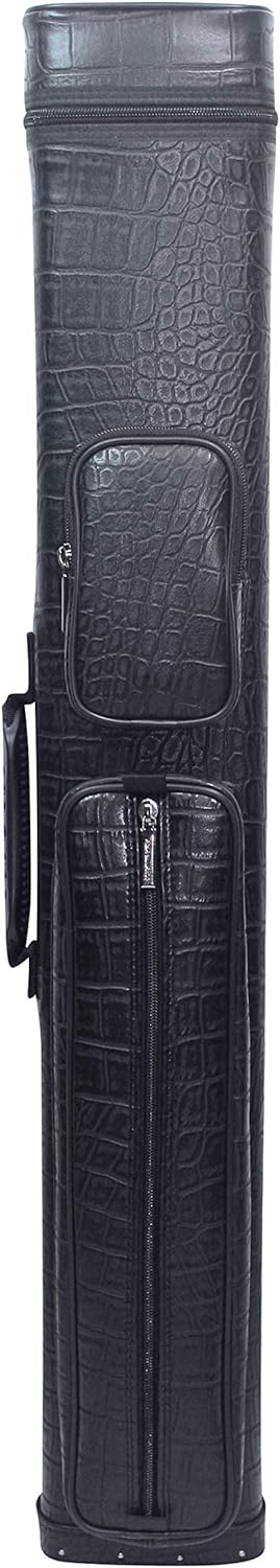 Full exterior view of the black textured billiard cue case from the front.