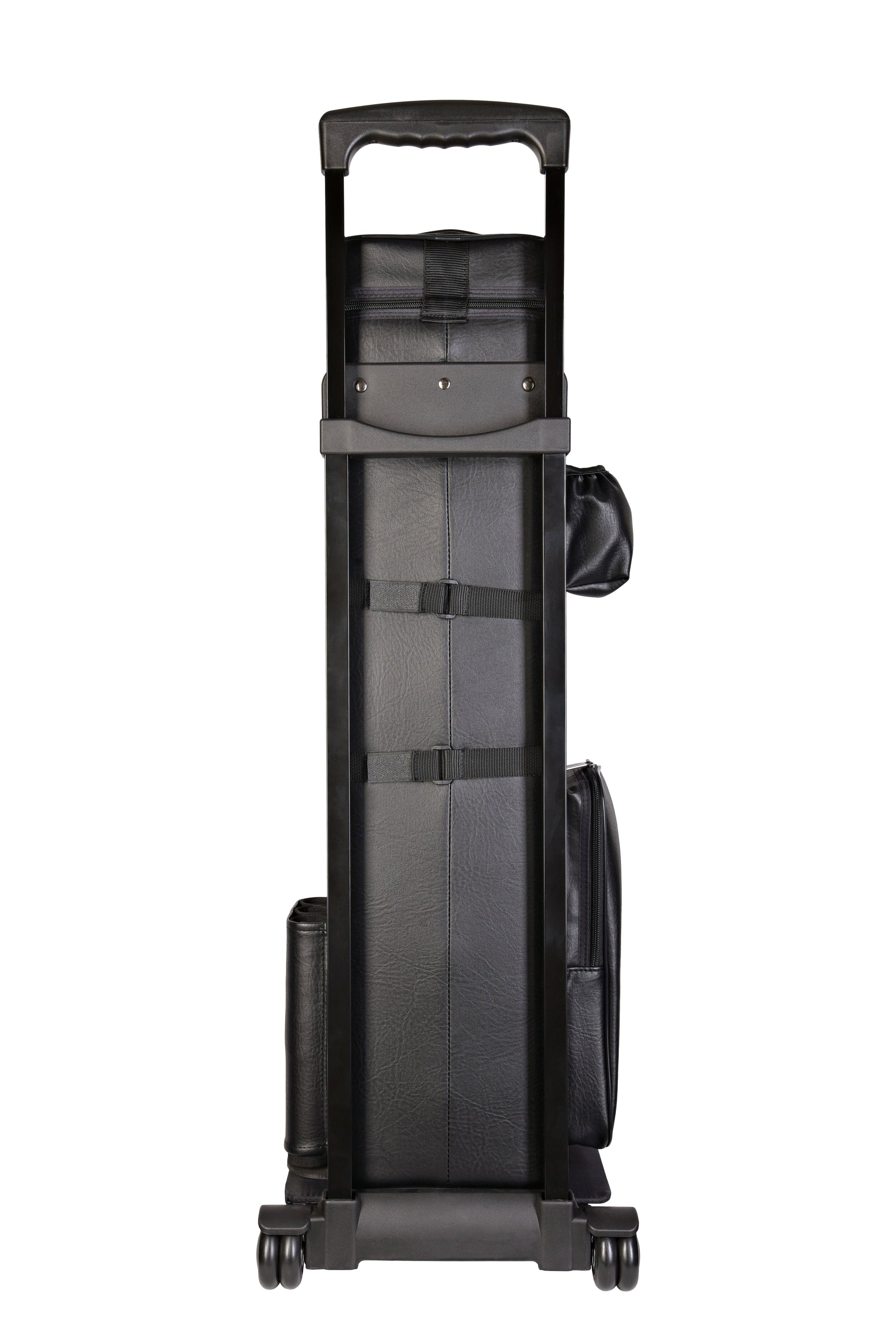 Rear view of the pool cue case with integrated rolling handle and wheels.