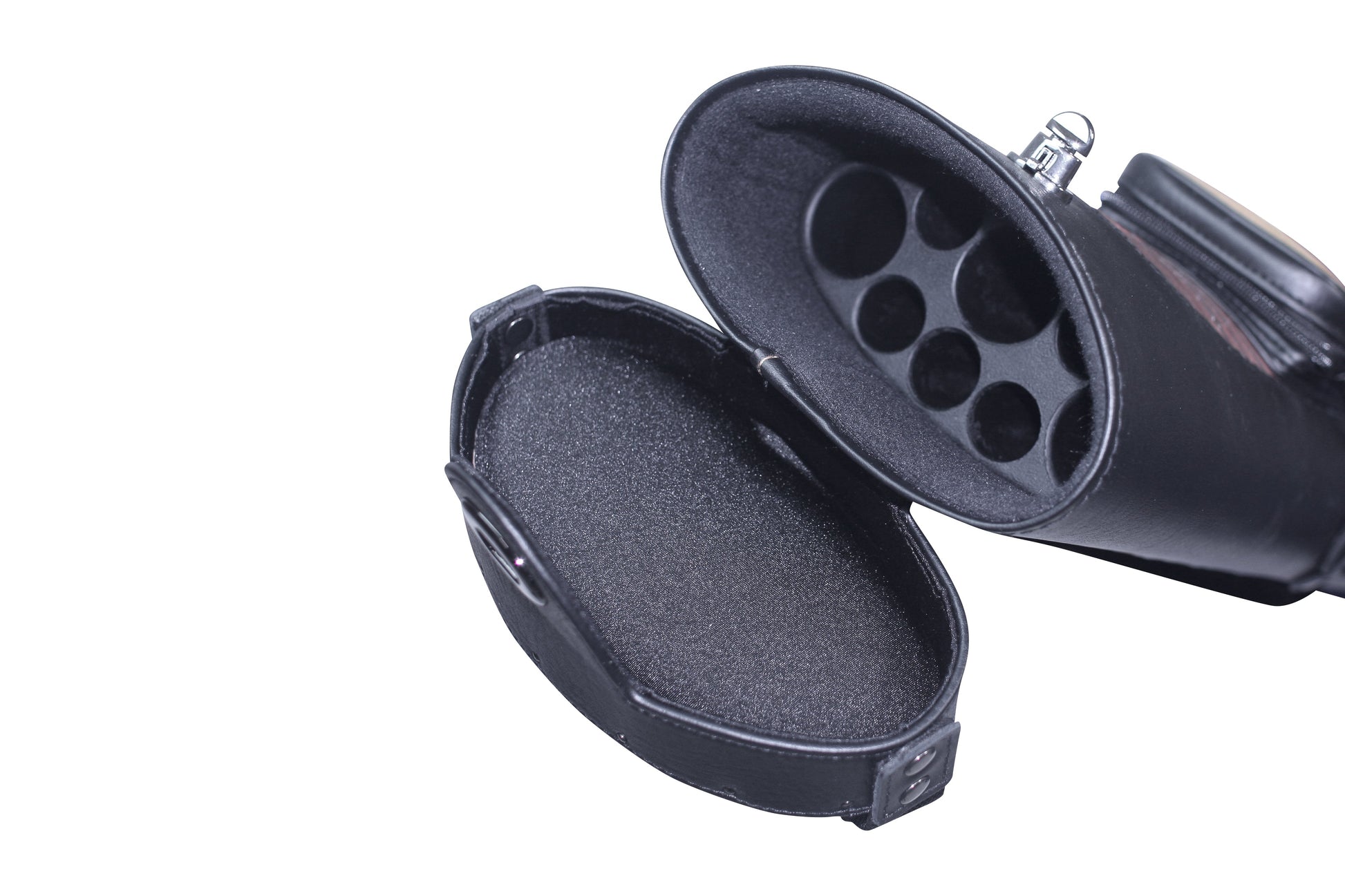 Interior compartments of the cue case from a different angle.