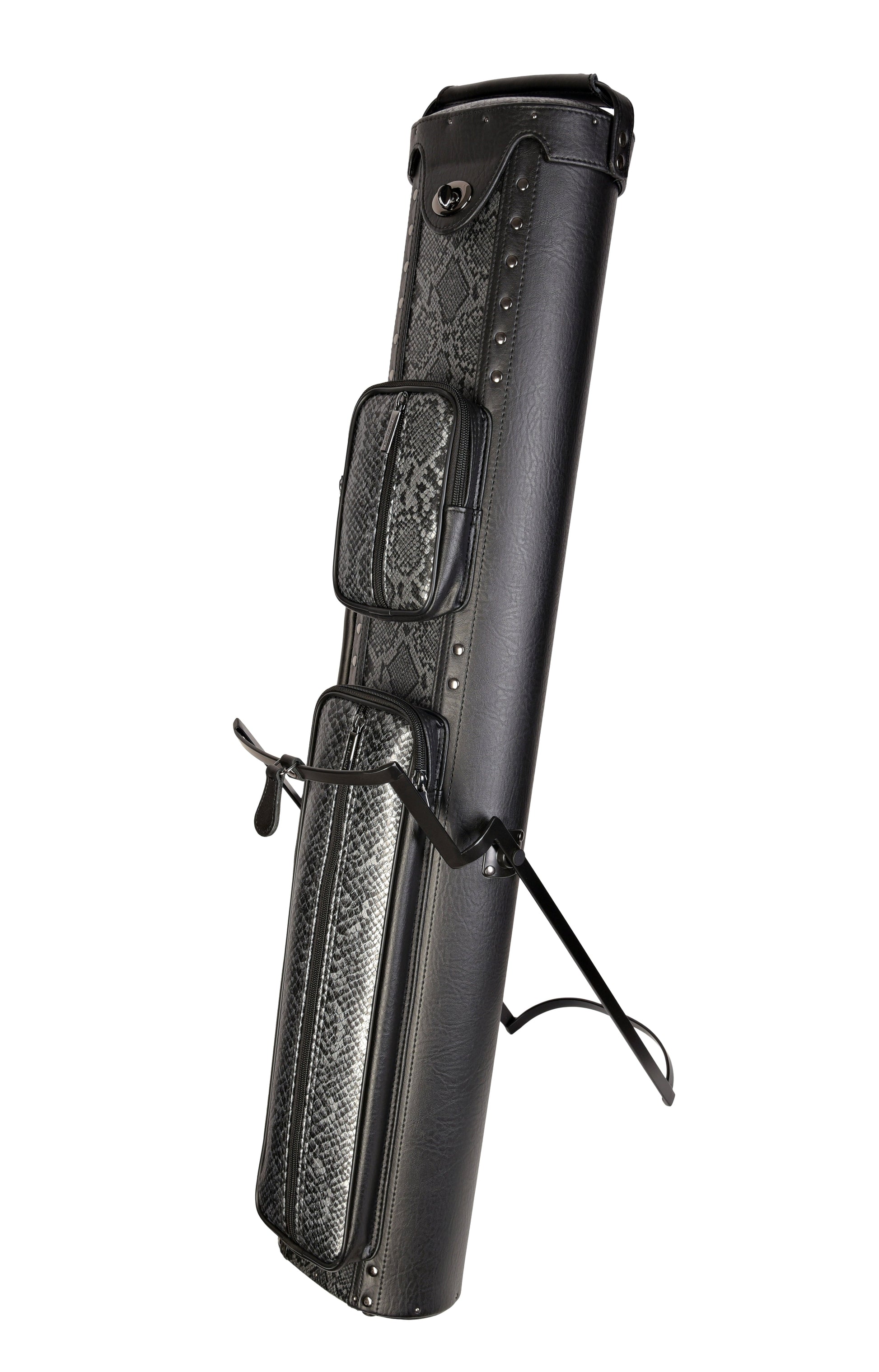 The 4x8 pool cue case displayed on its stand.