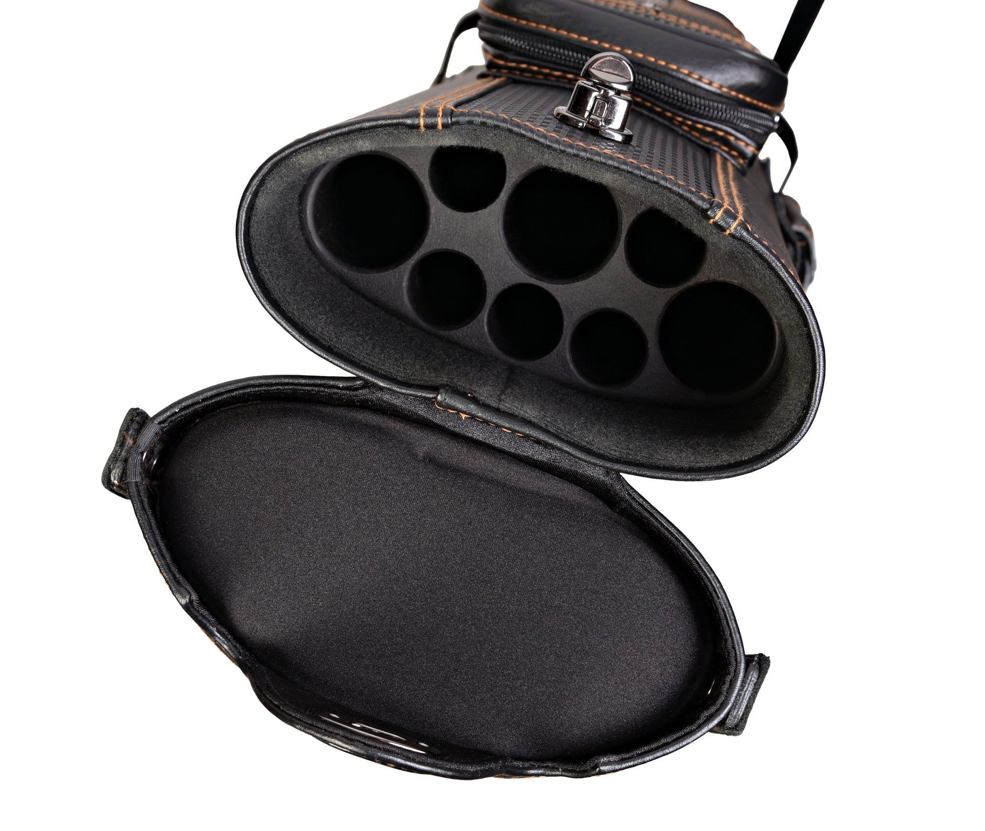 Open interior view of the cue case, showing compartments for cues.