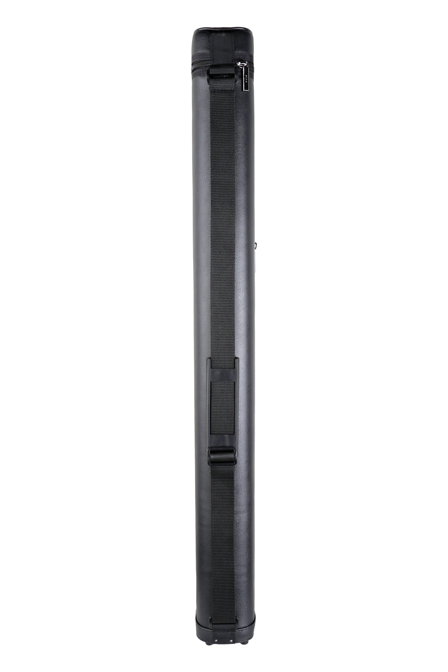 Side view of the black billiard cue case with attached shoulder strap hardware.
