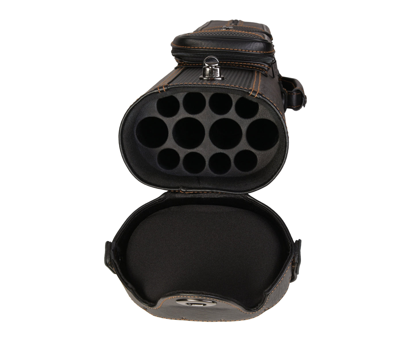 Angled view of interior cue case with shaft and butt compartments visible