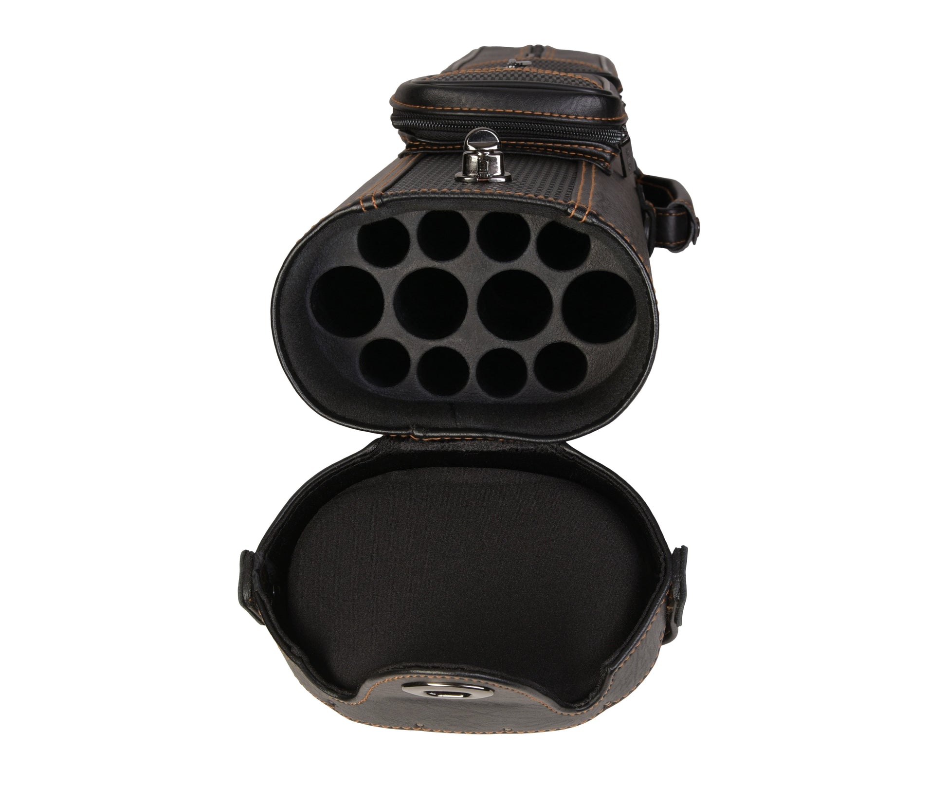 Angled view of interior cue case with shaft and butt compartments visible