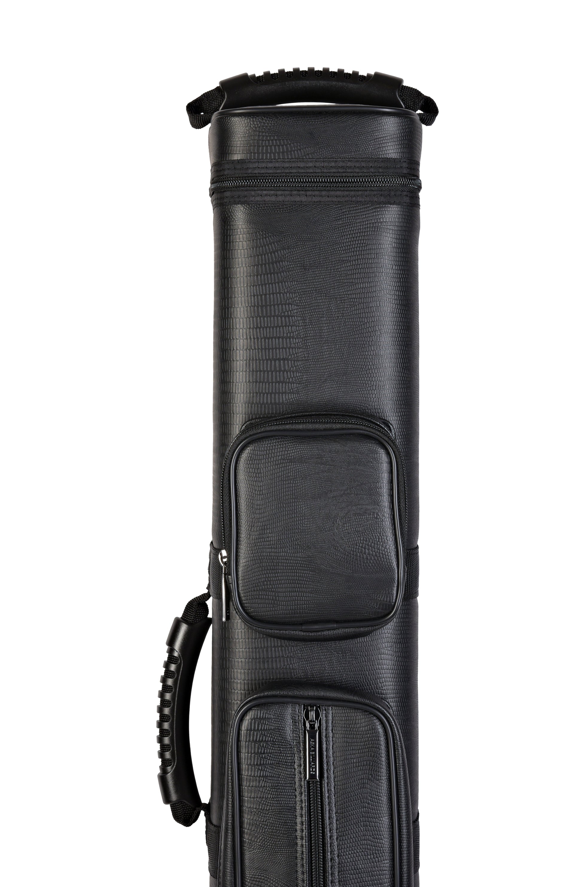 Top view of the cue case with zippered closure and external pockets