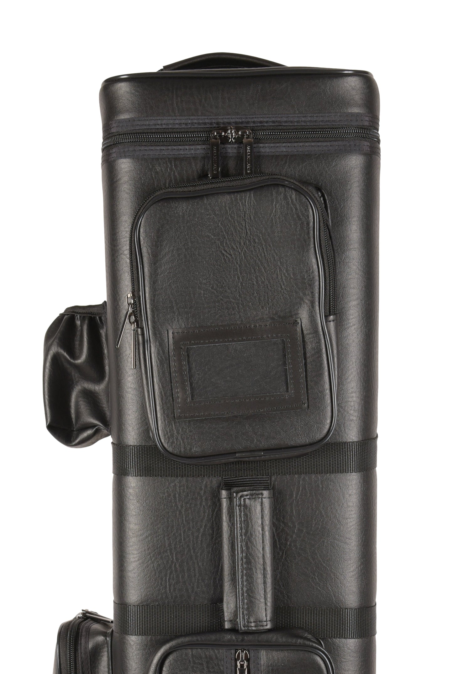 Close-up of top pocket and handle on black vinyl cue case