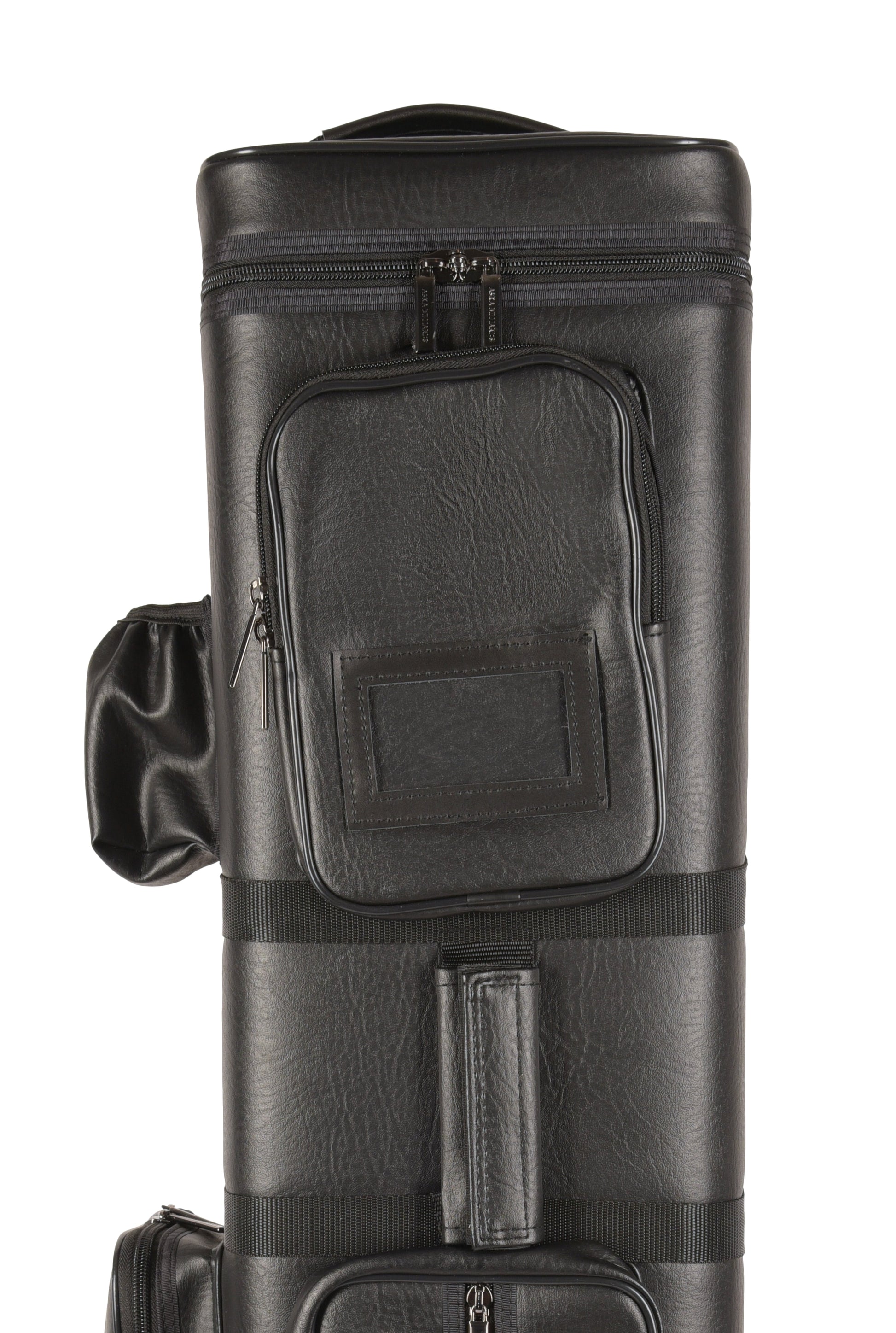 Close-up of top pocket and handle on black vinyl cue case