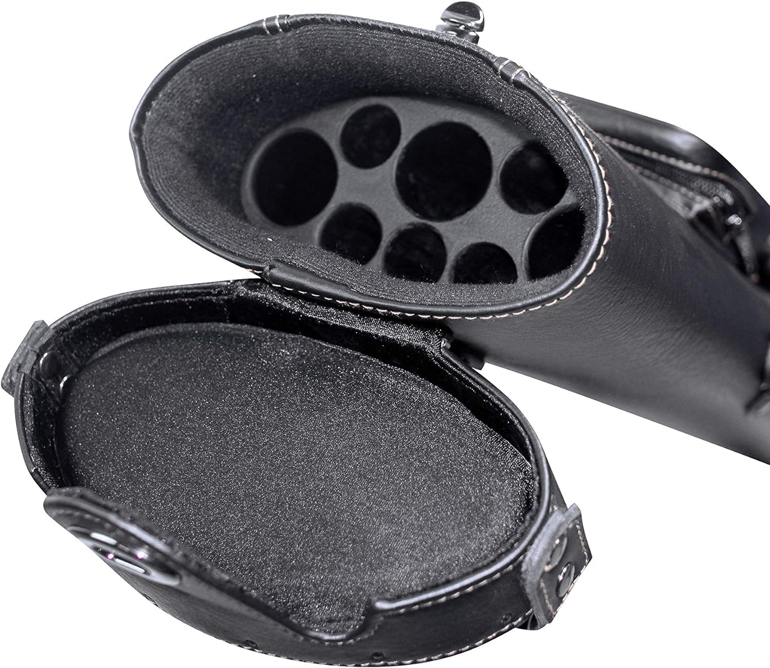 Open interior view of cue case showing compartments for shafts
