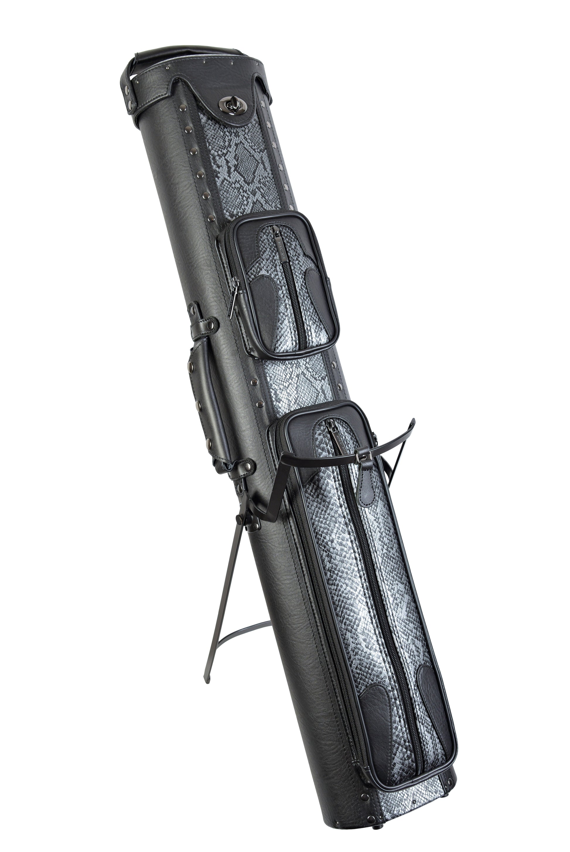 Angled view of the pool cue case with its stand extended