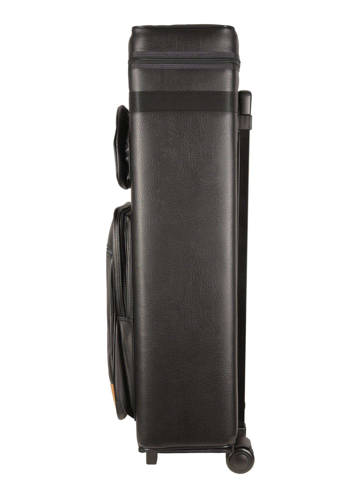 Side profile of cue case displaying exterior pockets and wheels.