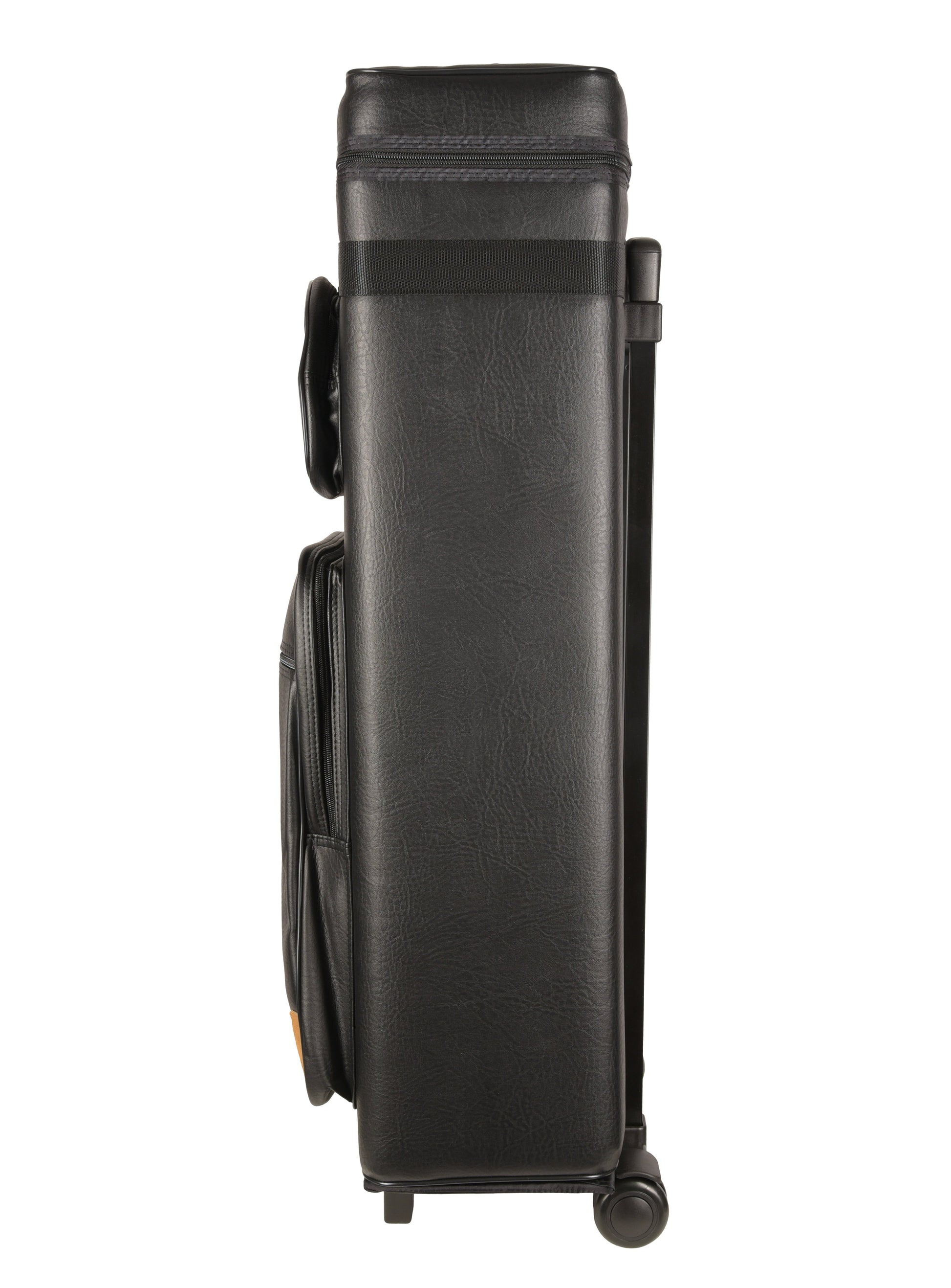 Side profile of cue case displaying exterior pockets and wheels.
