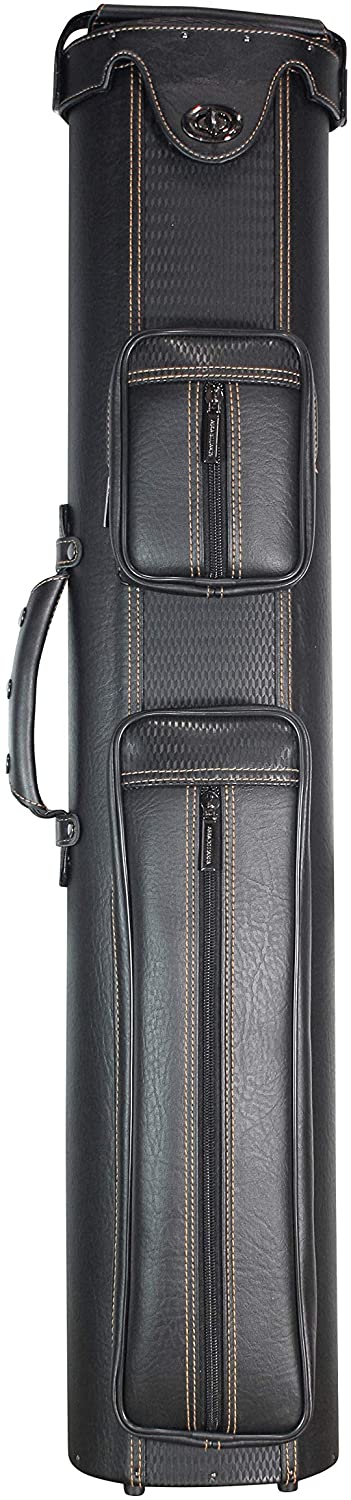 Front view of the black cue case with zippered pockets