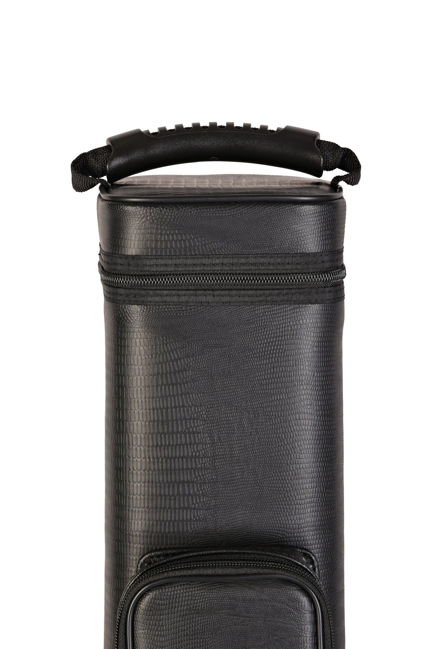 Detail of the top handle and zipper closure of the cue case