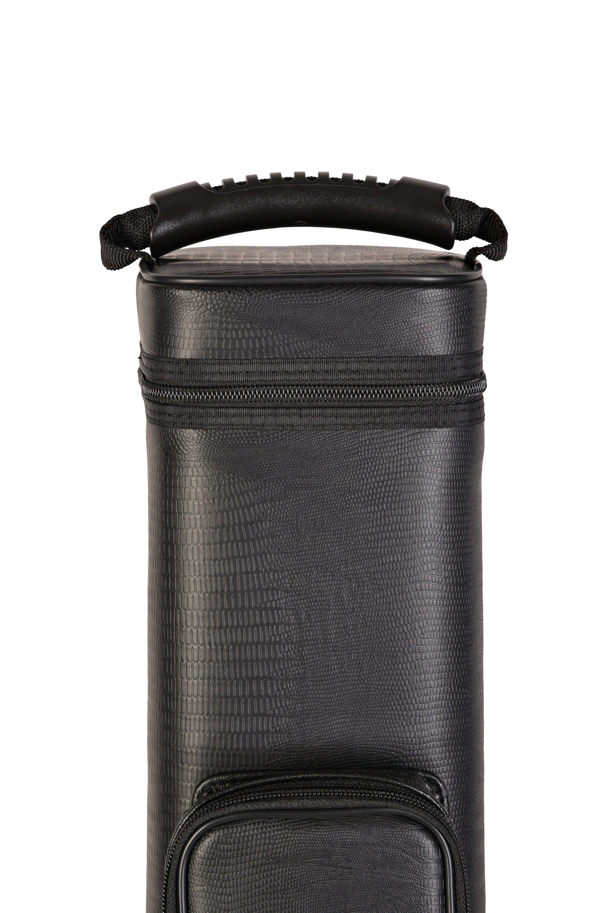 Detail of the top handle and zipper closure of the cue case